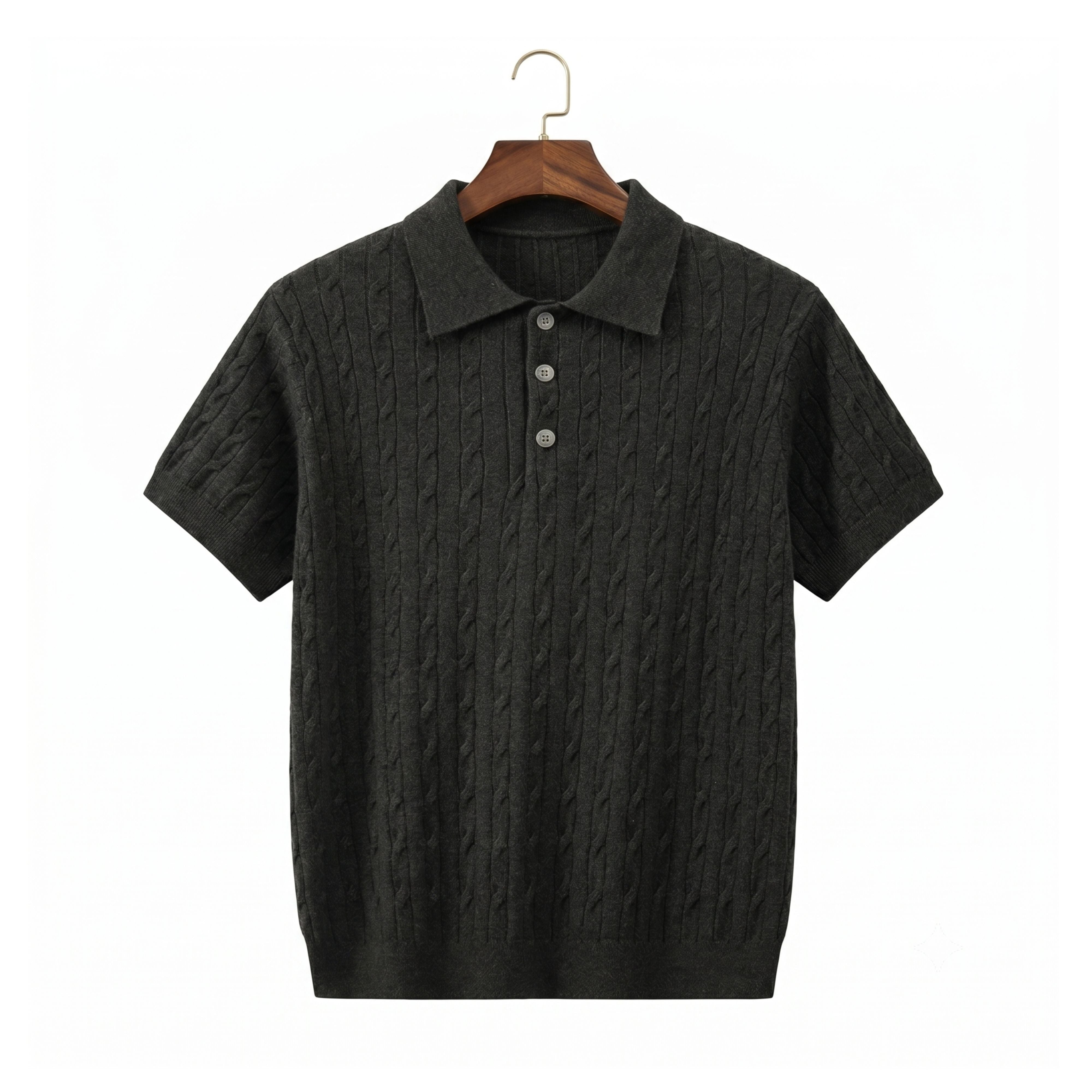 Front view of a dark olive green men's short-sleeve cable knit polo shirt with grey buttons hanging on a wooden hanger against a white background