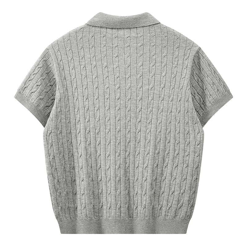 Back view of a grey melange men's short-sleeve cable knit polo shirt against a white background.