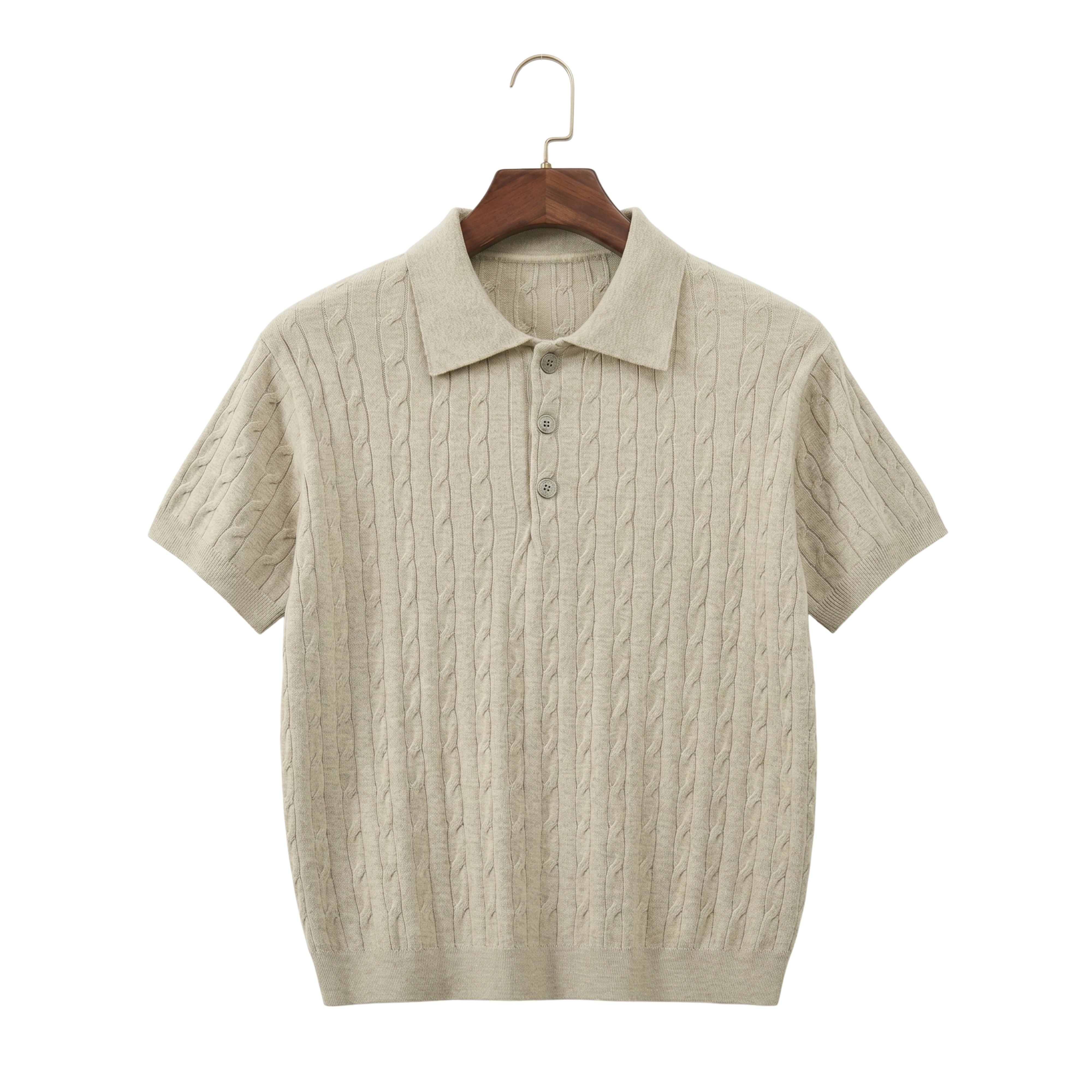 Front view of a light beige tan men's short-sleeve cable knit polo shirt with light brown buttons against a white background