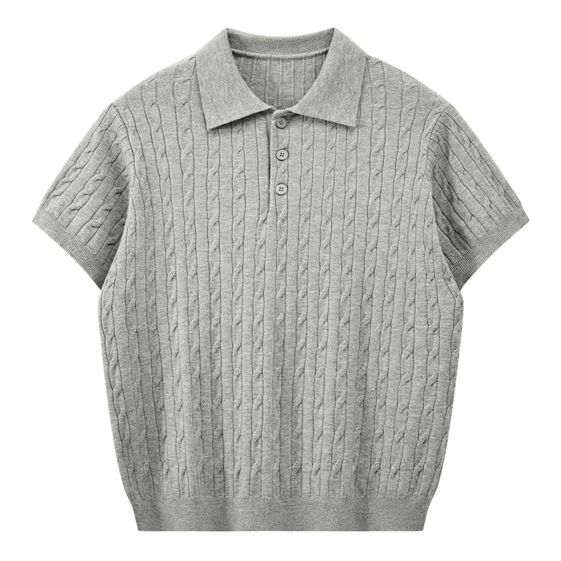 Front view of a light grey melange men's short-sleeve cable knit polo shirt with light grey buttons.
