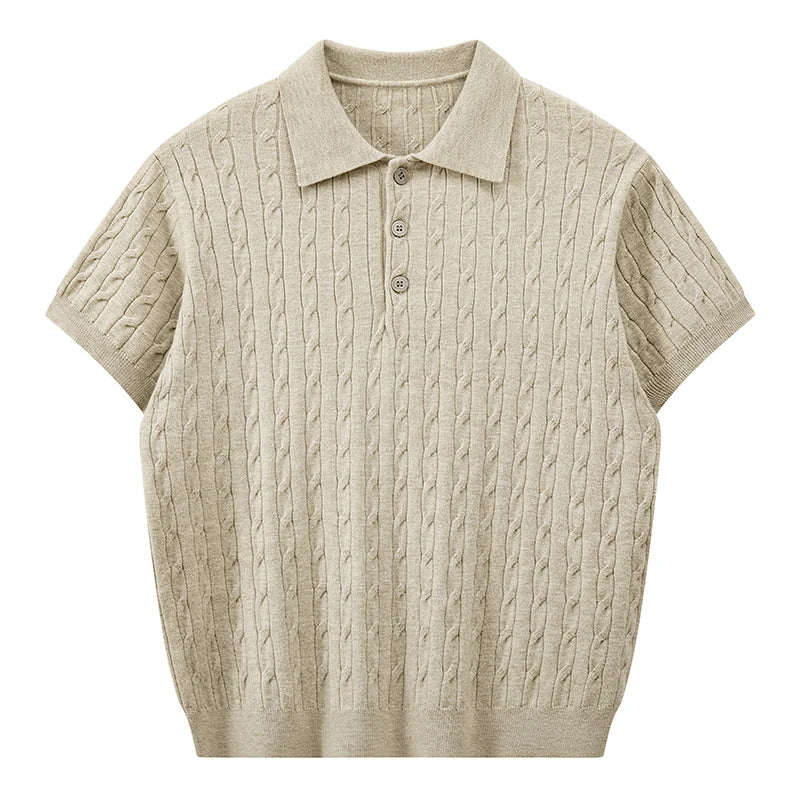 Front view of a sand beige men's short-sleeve cable knit polo shirt with brown buttons.