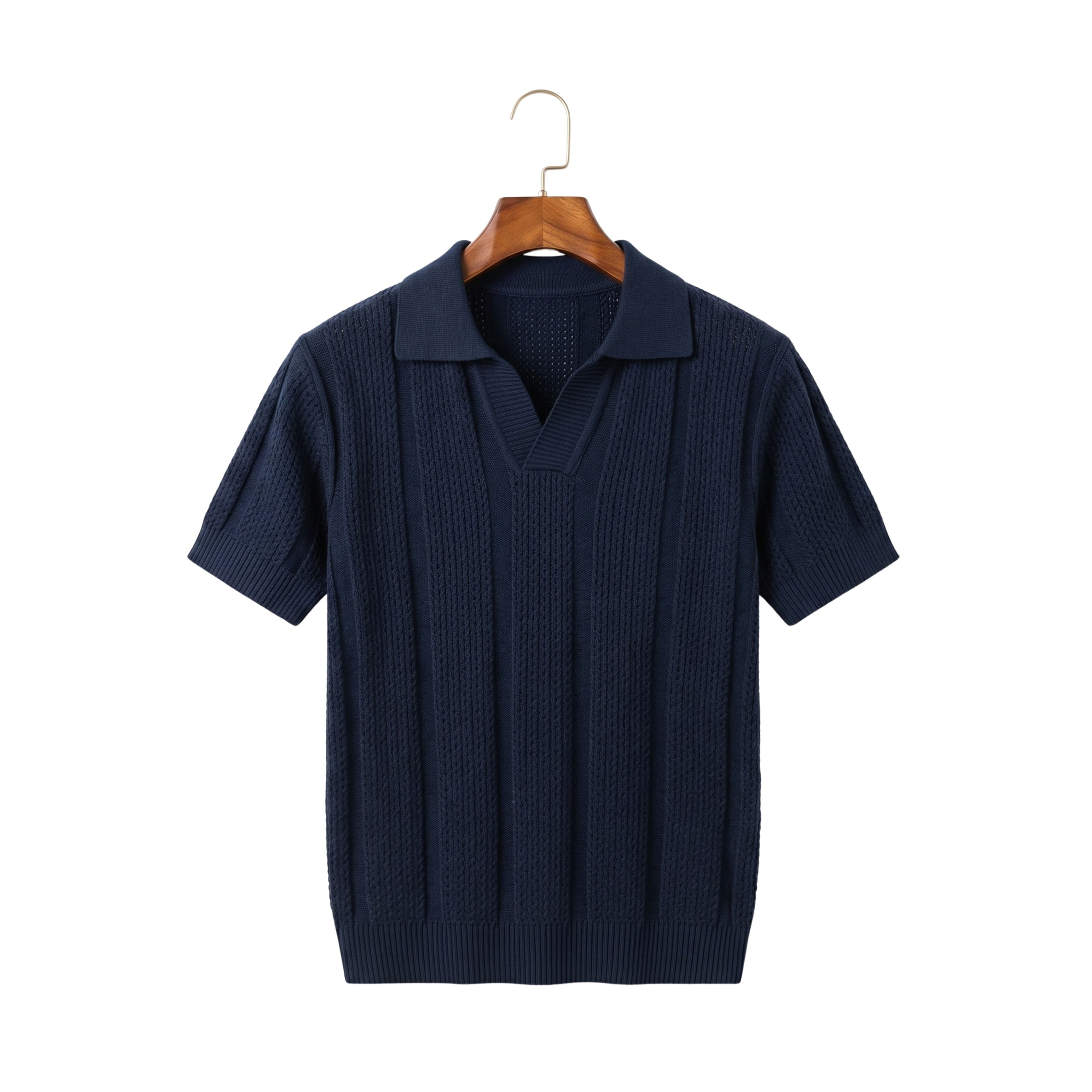 Front studio view of a men's short-sleeve knitted mesh polo shirt in deep navy blue on a wooden hanger
