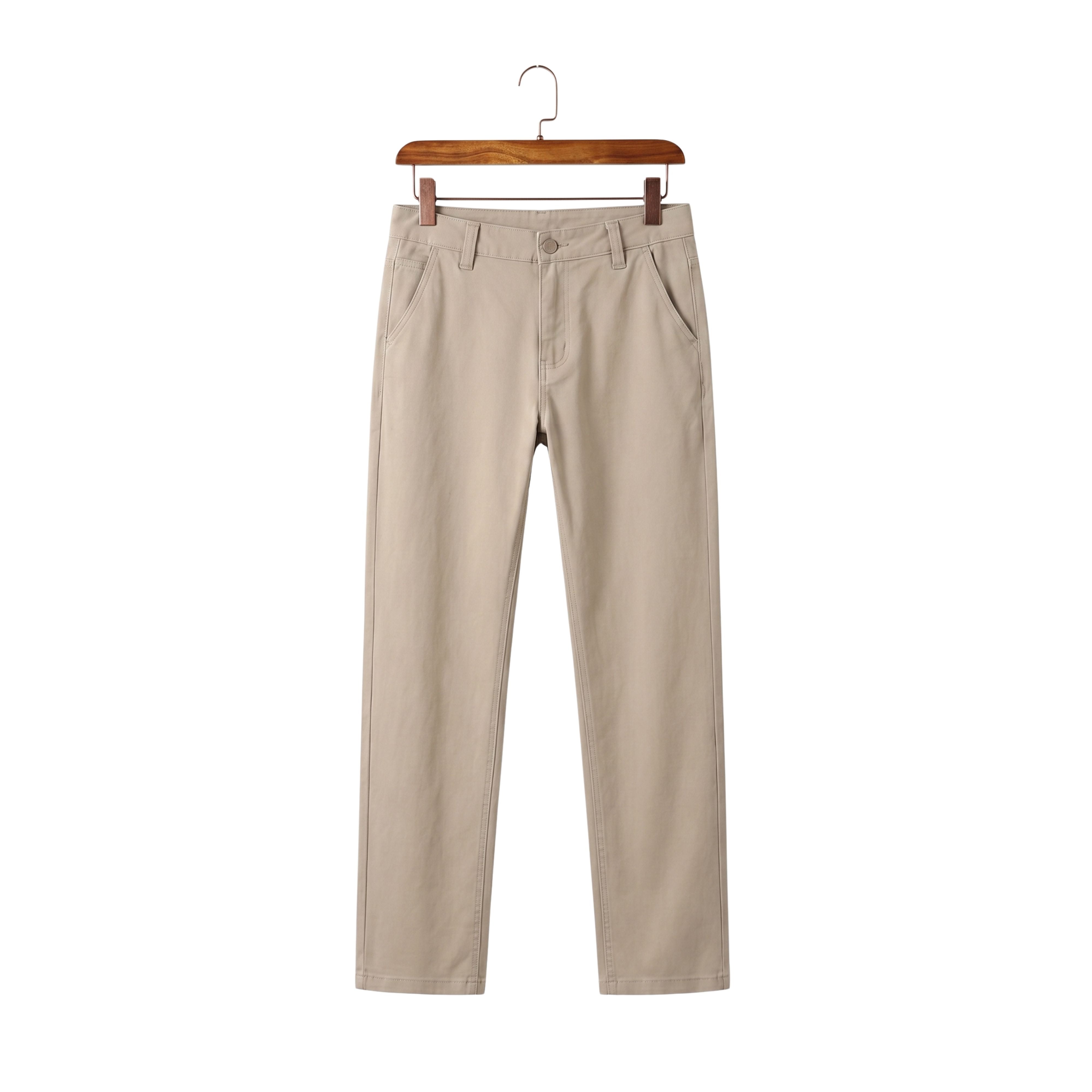 Minimalist business casual male denim pants in a clean off-white ivory shade hanging on a clothing rack hanger