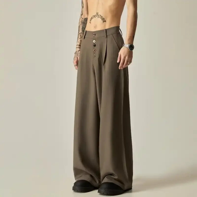 Full body front view of men's olive broadcloth loose wide-leg trousers designed for an American retro vibe