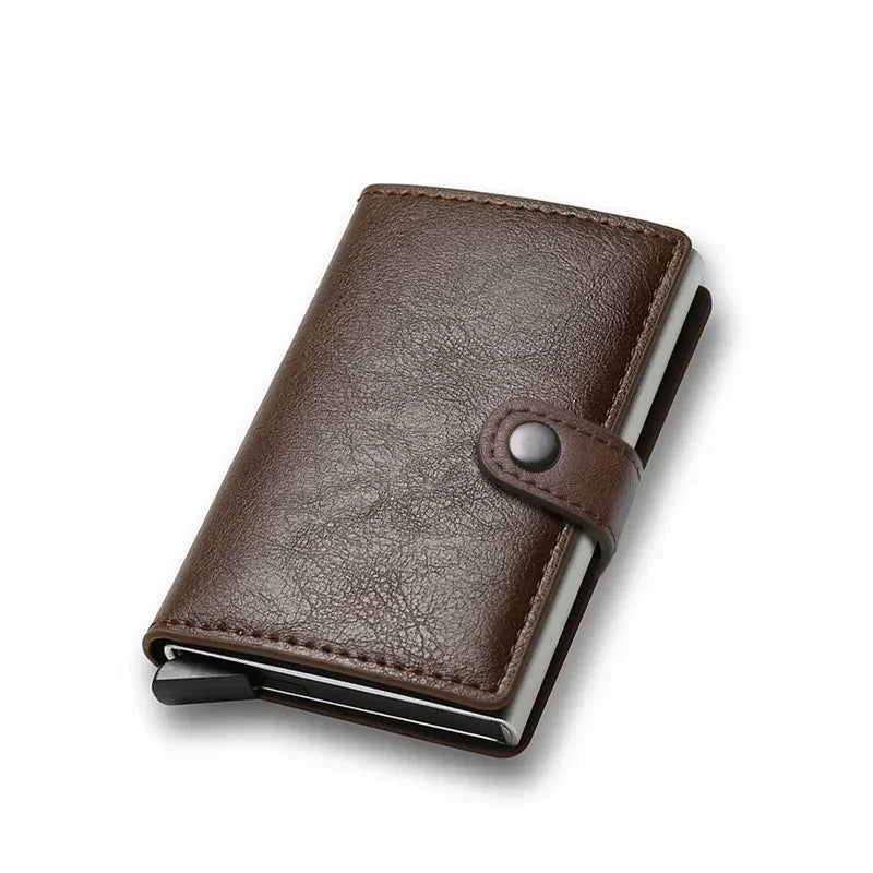 Short pocket wallet wrapped in deep coffee brown leather, showcasing a solid pattern and a compact business style