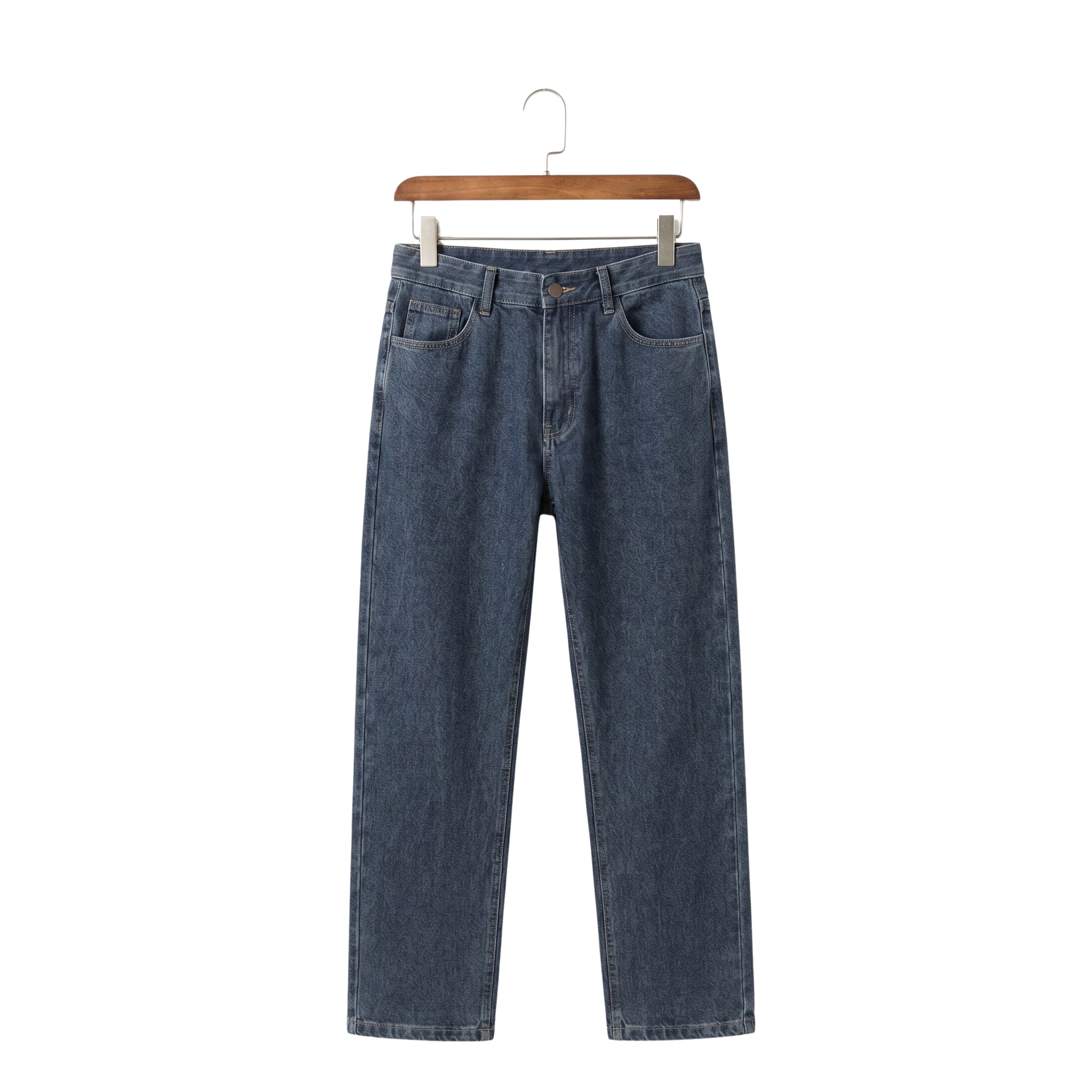 Men's Tsingyi Vanguard loose straight stretch jeans in a classic medium blue sand wash hanging on a wooden hanger
