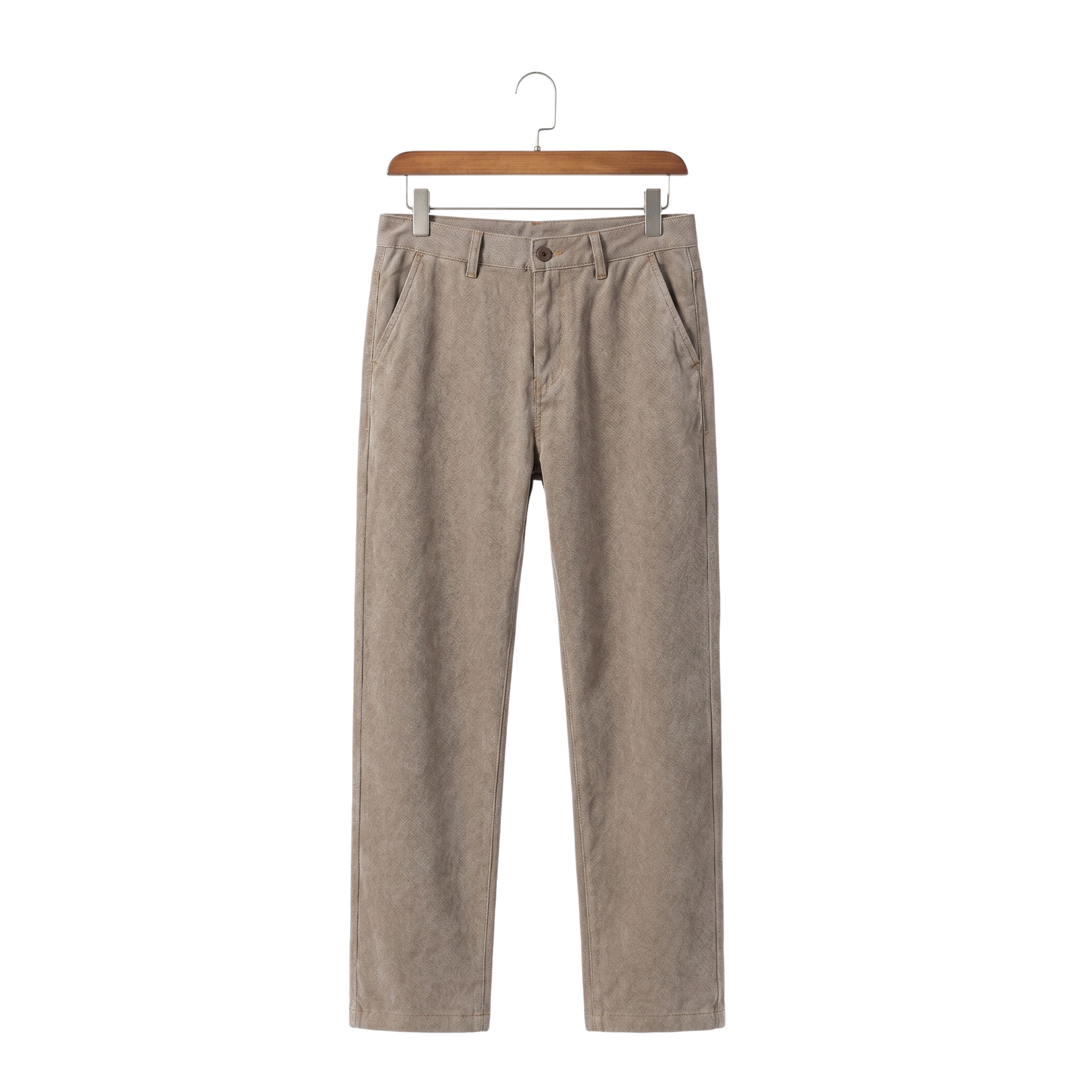 Lightweight summer loose straight casual trousers in a solid coffee khaki tone hanging on a wooden clothes hanger