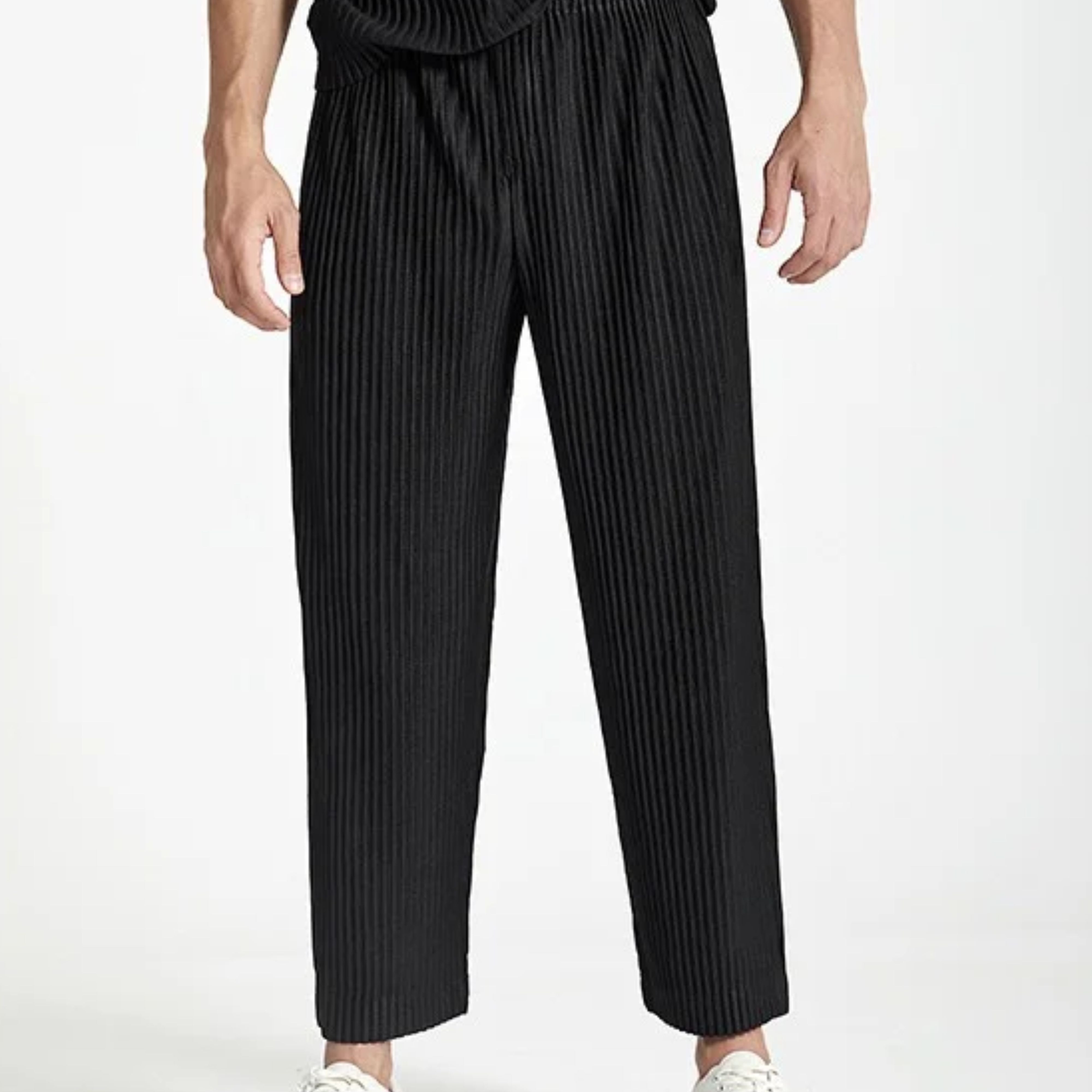 Full front view of men's loose straight draped summer pants in premium black broadcloth fabric