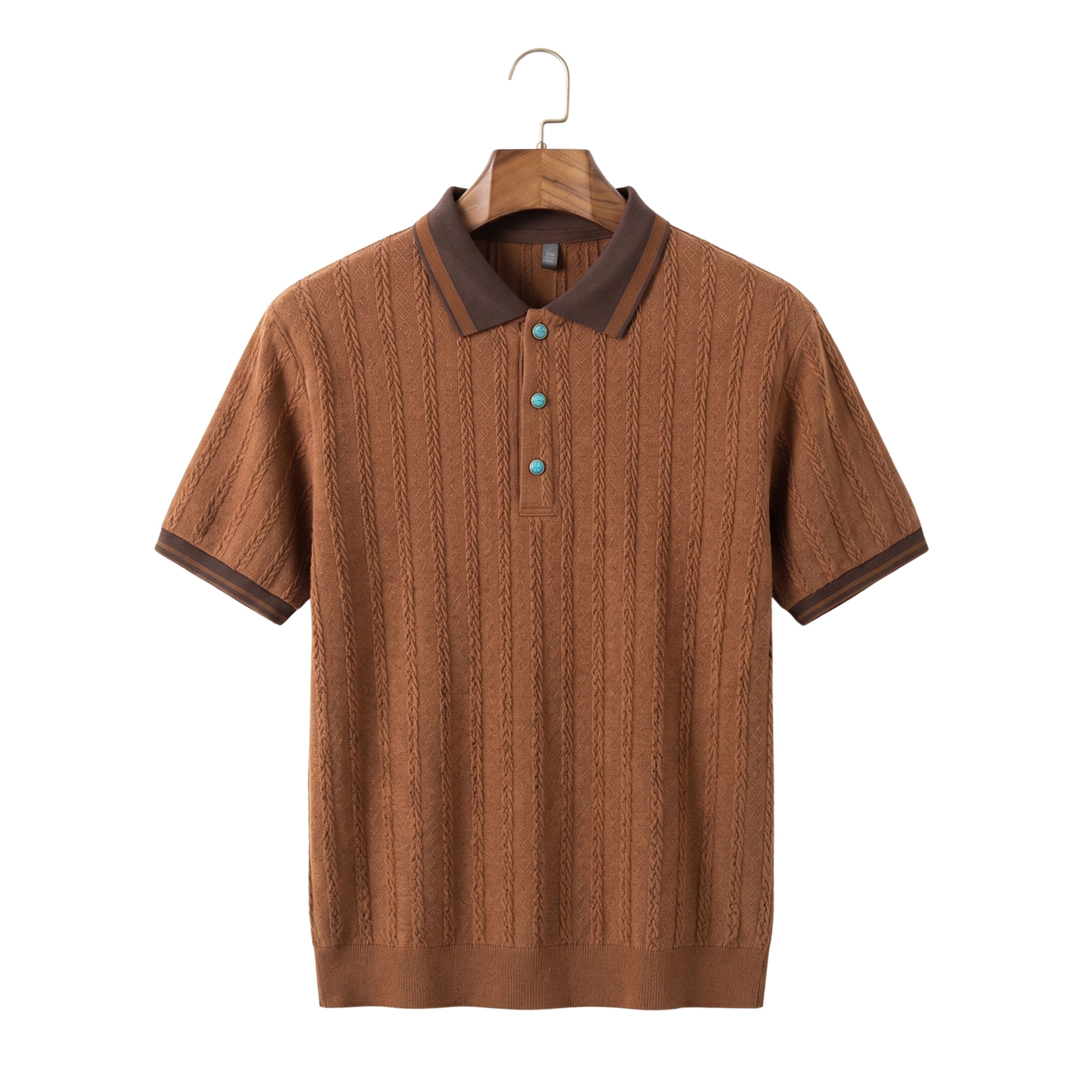 Front studio view of a high-end retro men's jacquard short-sleeve polo shirt in solid brown.