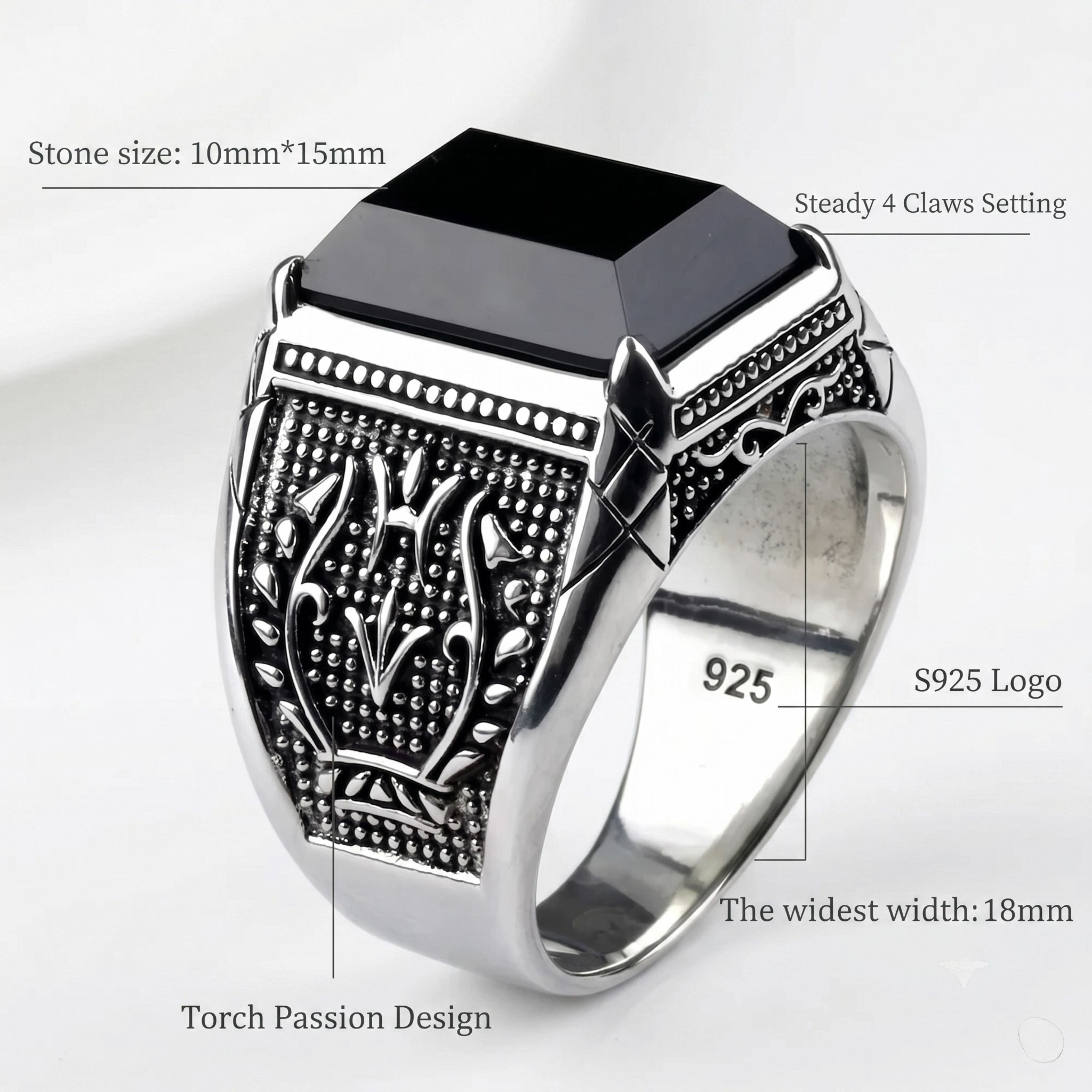 Size guide and dimension details for the men's vintage silver gemstone signet ring.