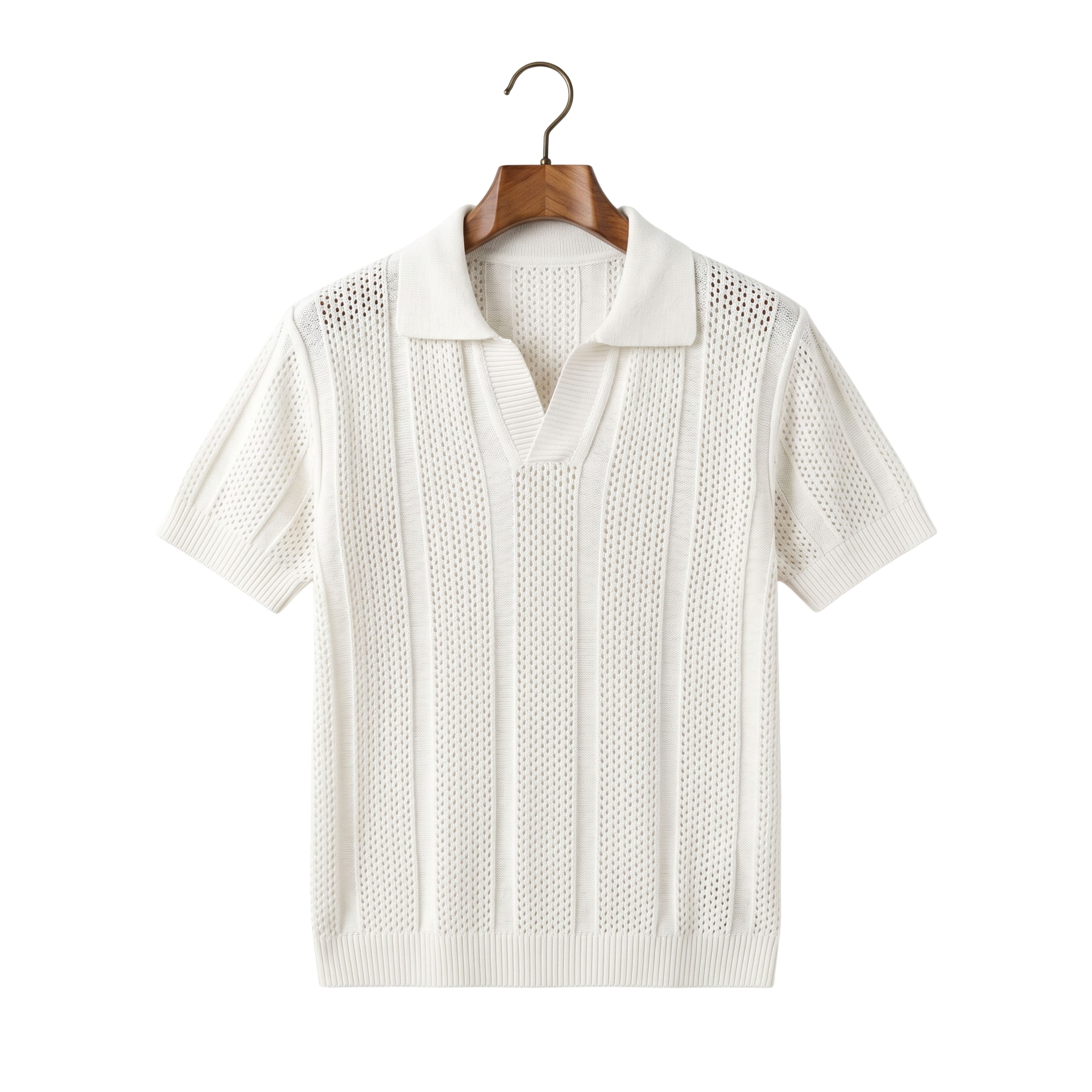 Front studio view of a men's vintage-style knitted pullover mesh polo in solid cream white