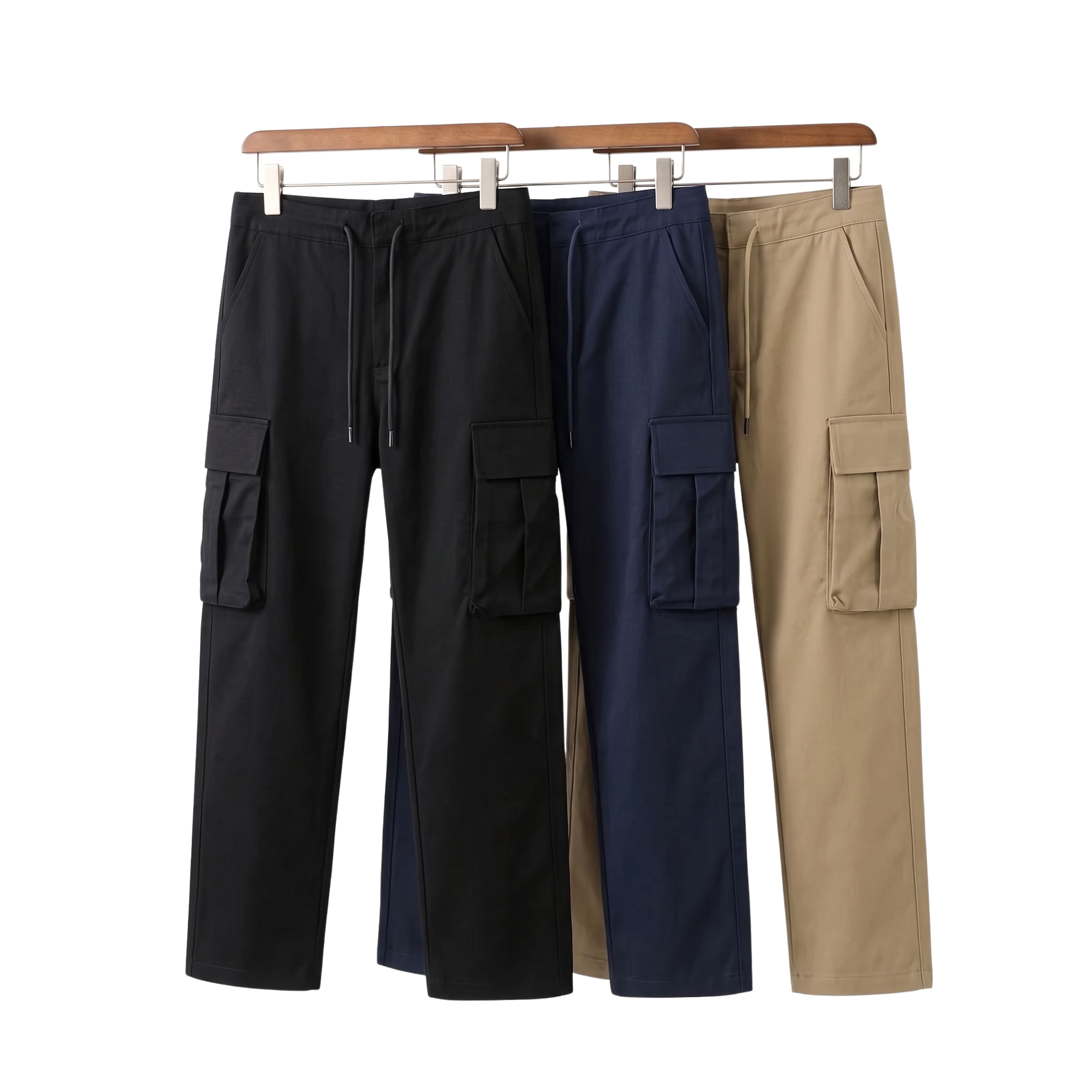 Three pairs of men's Winthunder regular fit cargo work pants in black, navy blue, and khaki colors hanging lined up on wooden hangers