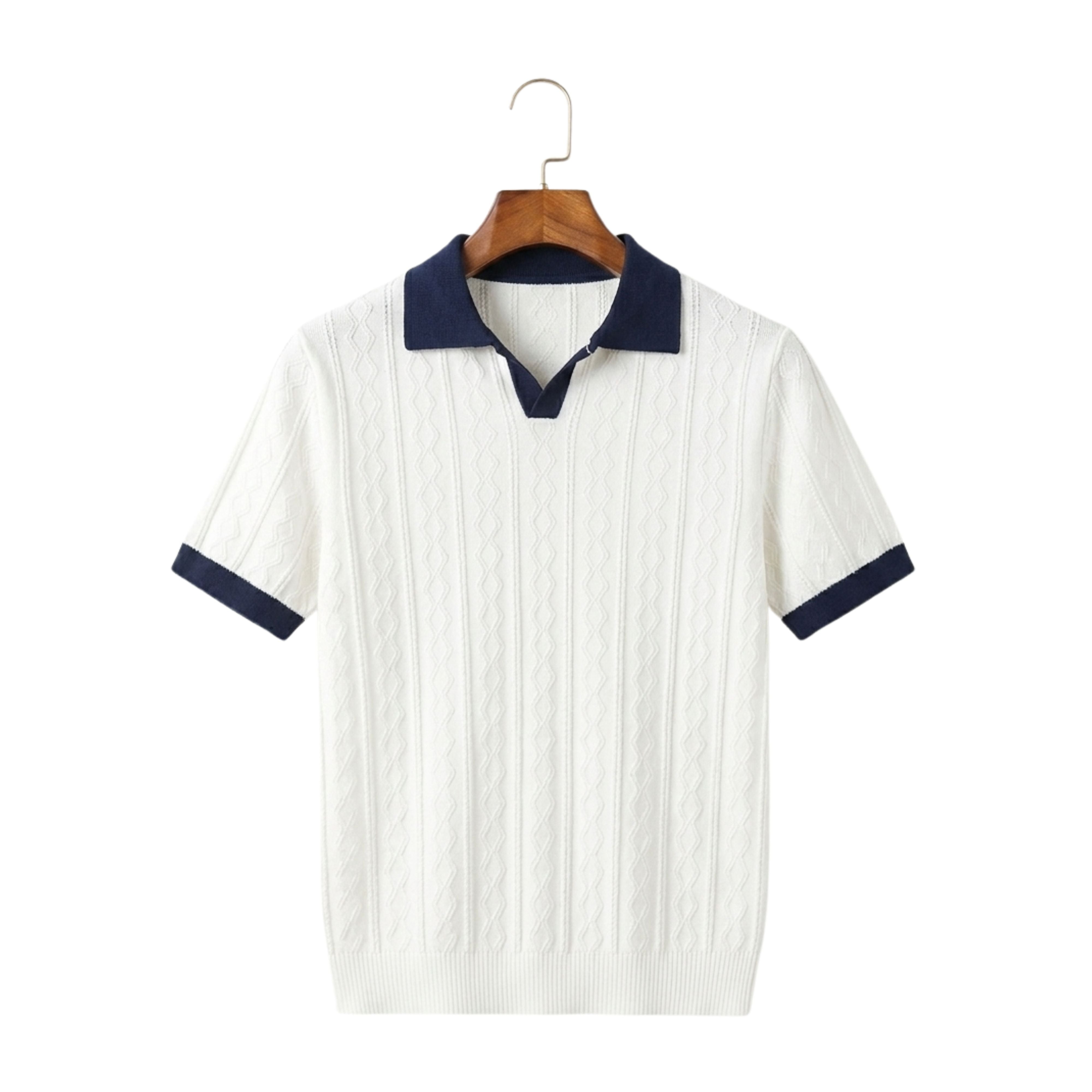 Front studio view of a men's American retro colorblock knitted polo shirt in solid white with navy trim