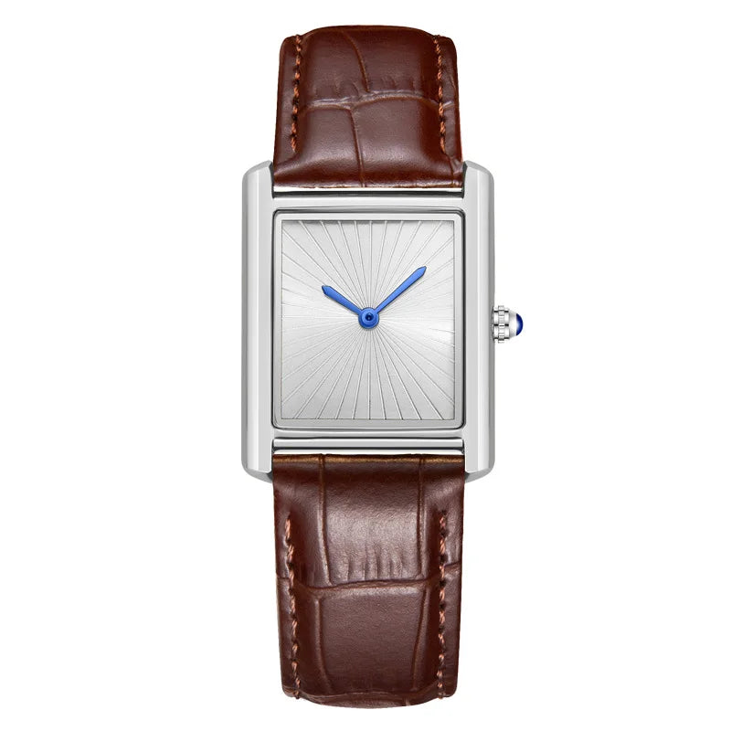 ZBJP minimalist square watch featuring a silver alloy case, white dial with blue hands, and a dark brown leather strap