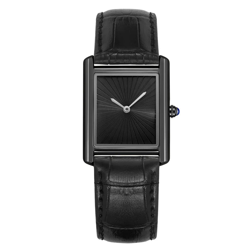 ZBJP minimalist square watch with a matte black case, textured black two-hand dial, and matching dark leather strap