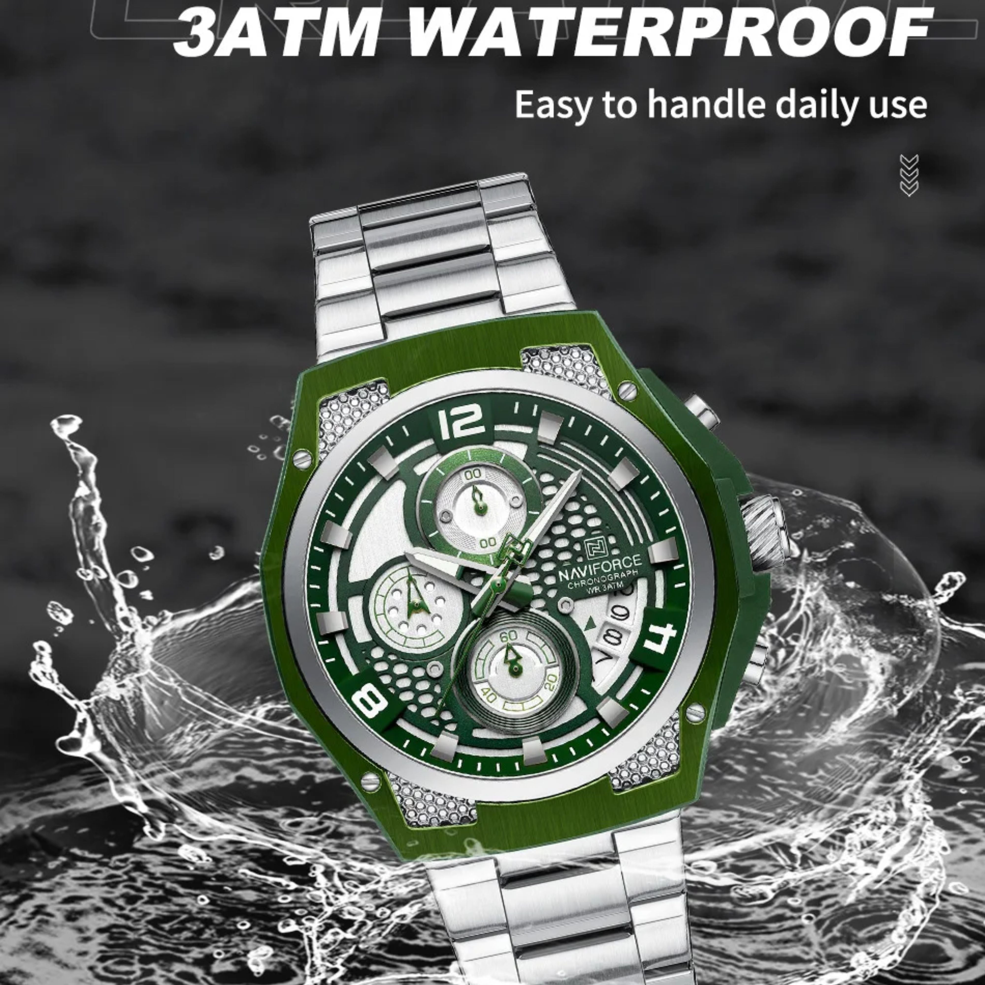 NAVIFORCE men's stainless steel watch showing splash proof and 3ATM water resistance capability