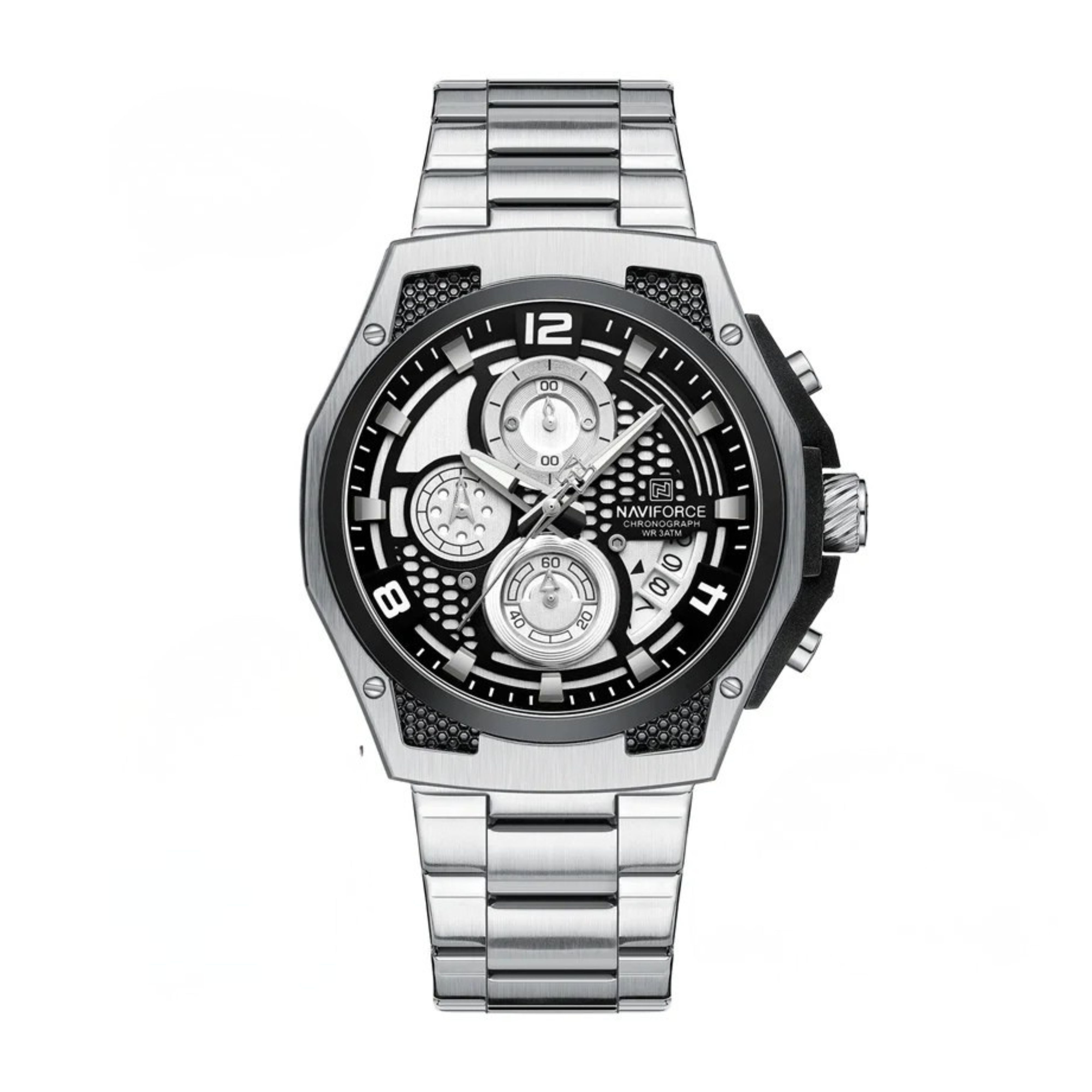 Elegant NAVIFORCE quartz watch featuring classic textured white dial and silver metal band