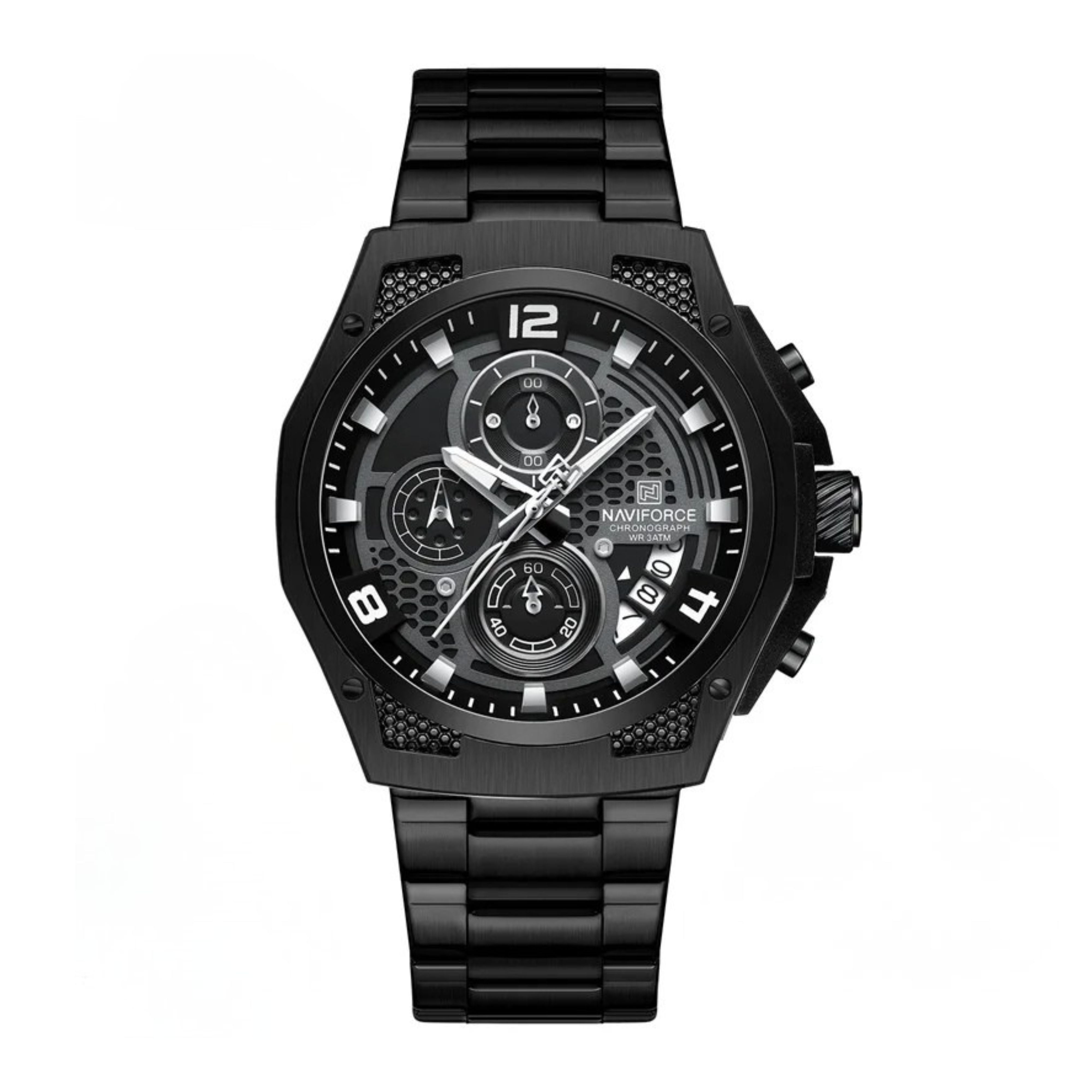 Tactical look of NAVIFORCE full stealth matte black stainless steel wrist watch