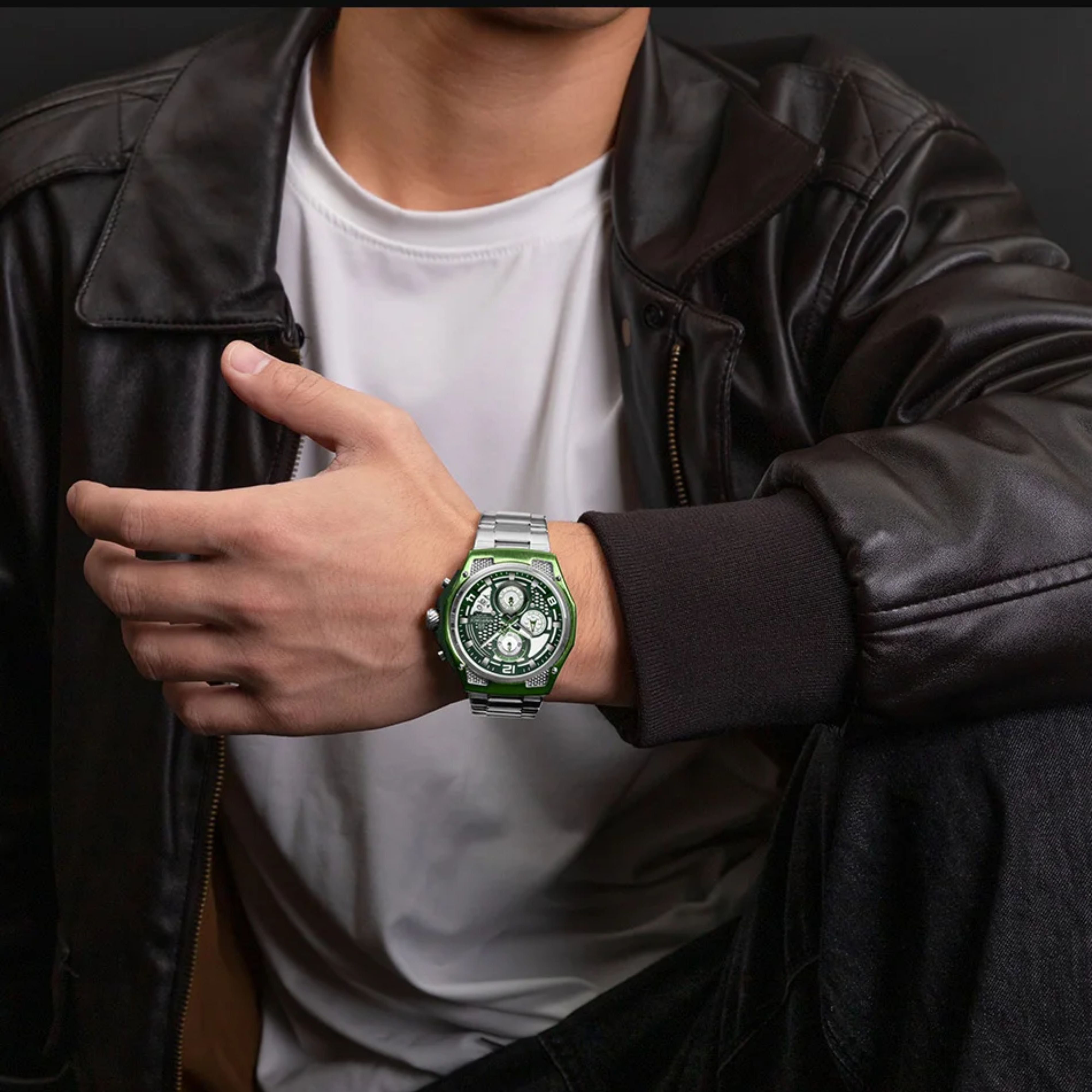 Man wearing NAVIFORCE tonneau watch styled with a casual black leather jacket