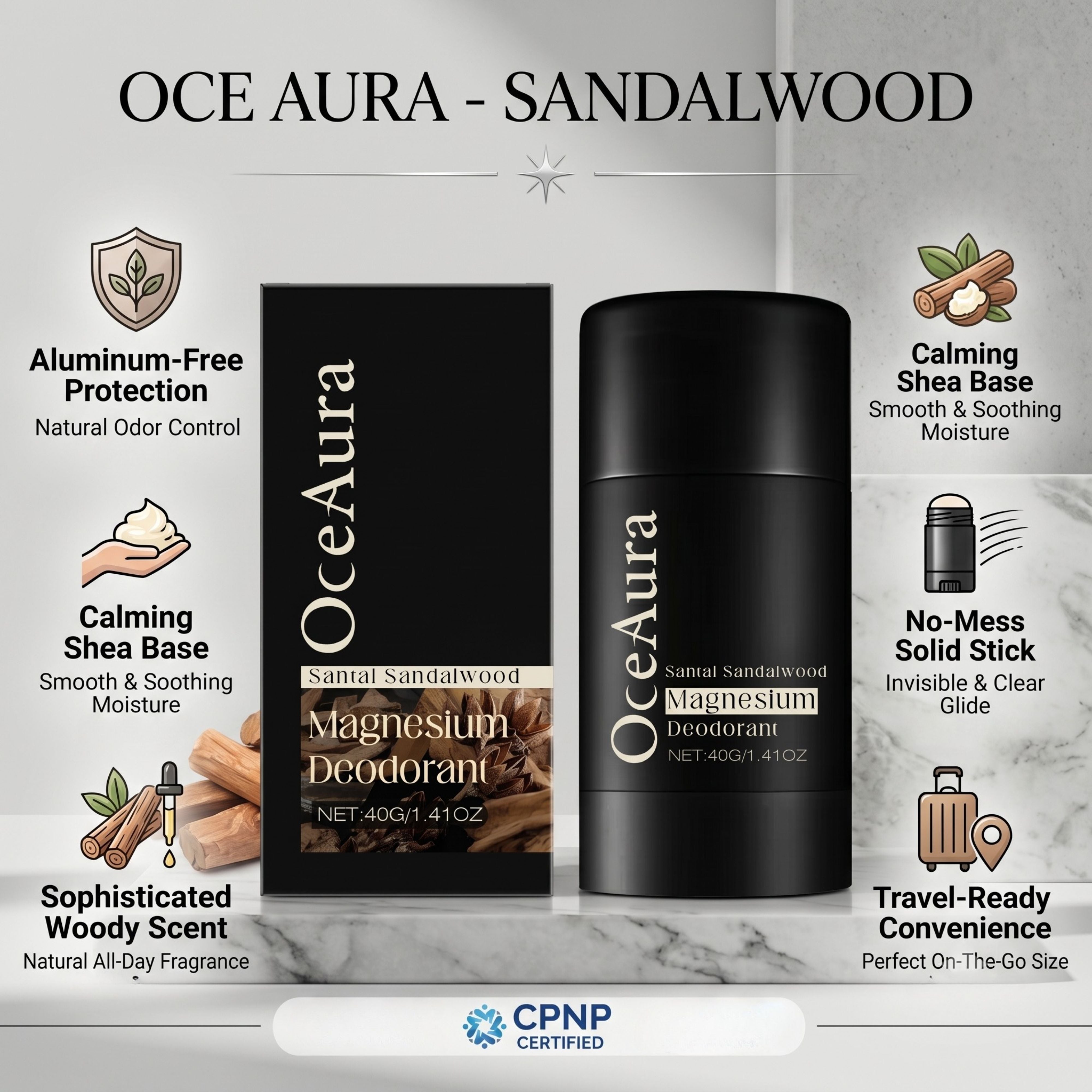 Product graphic showcasing the OceAura deodorant stick and box with text points about aluminum-free protection and shea butter