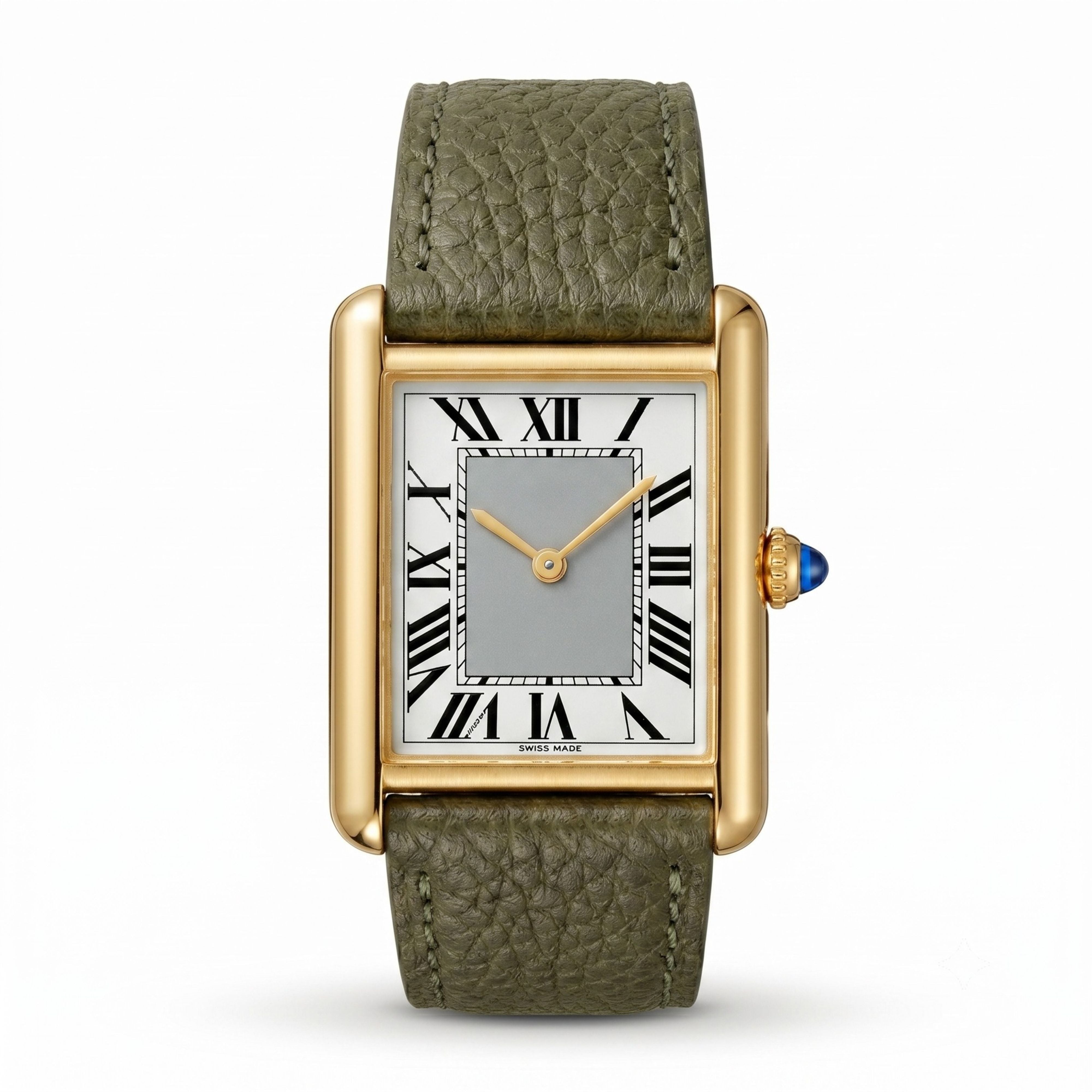 Classic rectangular gold watch featuring a grey center dial with Roman numerals, a blue cabochon crown, and a textured olive green leather strap on a white background.