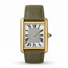 Classic rectangular gold watch featuring a grey center dial with Roman numerals, a blue cabochon crown, and a textured olive green leather strap on a white background.