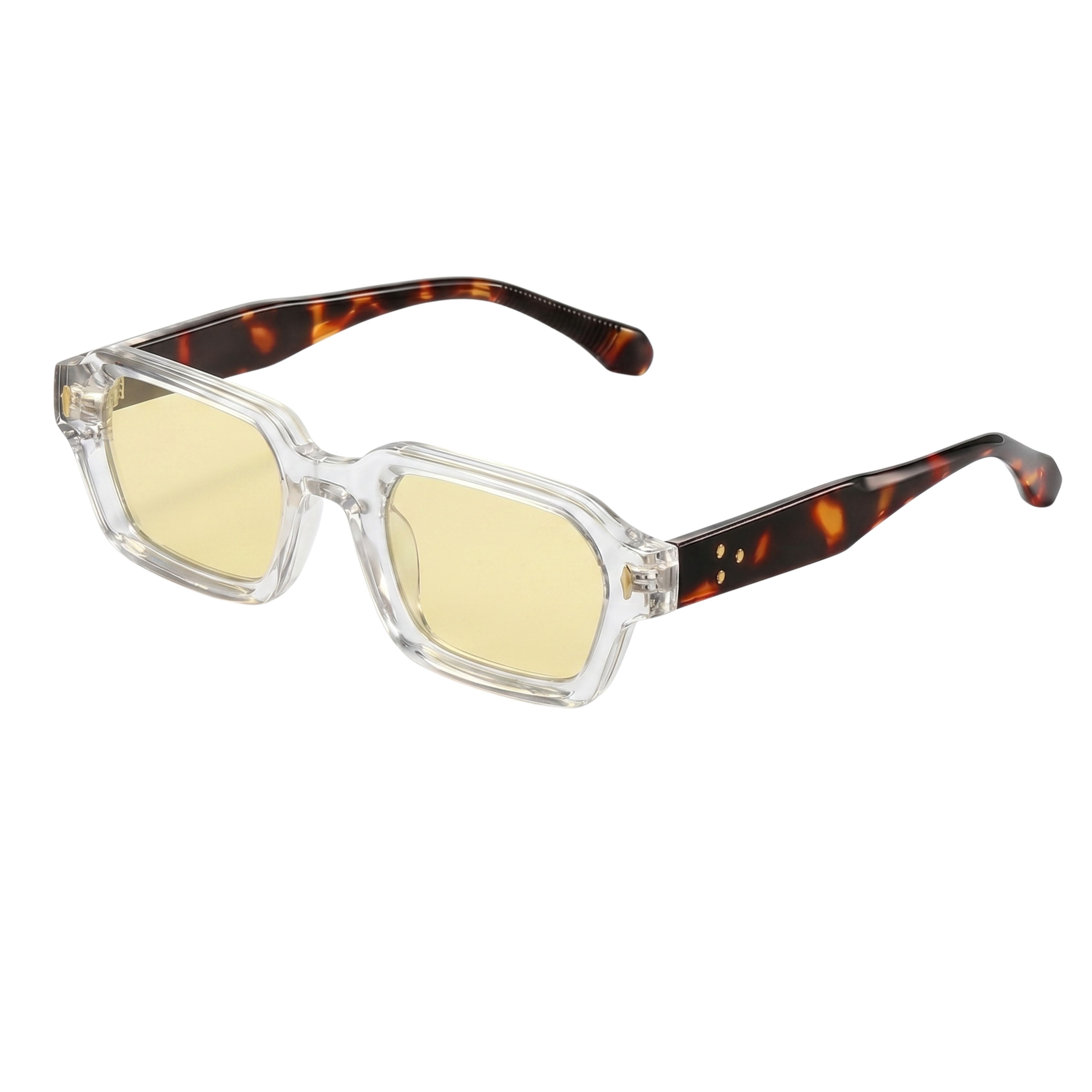 Retro chunky rectangular sunglasses with a clear front frame, tortoiseshell temples, and light yellow vintage tinted lenses.