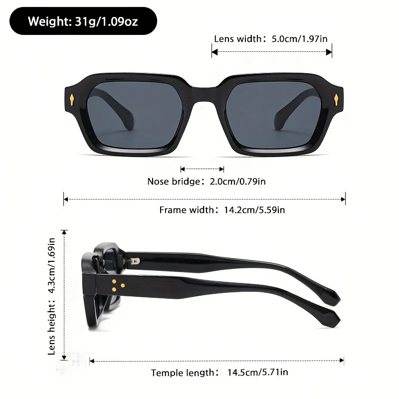 Size chart and dimension guide for the retro chunky rectangular sunglasses showing frame width, lens height, and temple length.