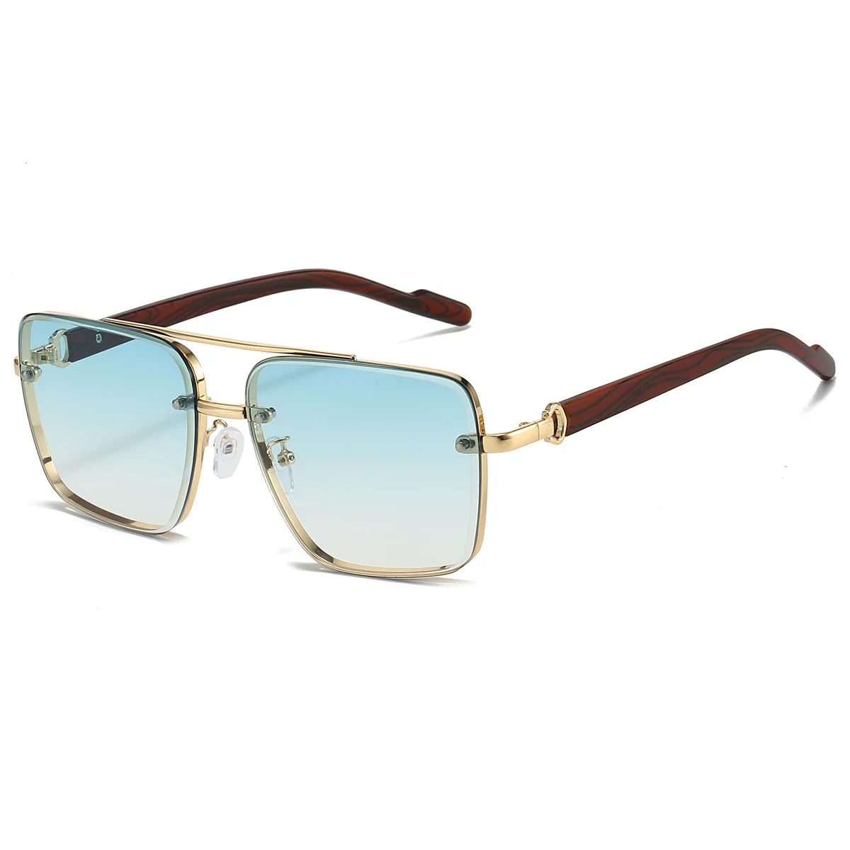 Retro square metal sunglasses with double bridge, wood temples, and gradient blue to yellow lenses.
