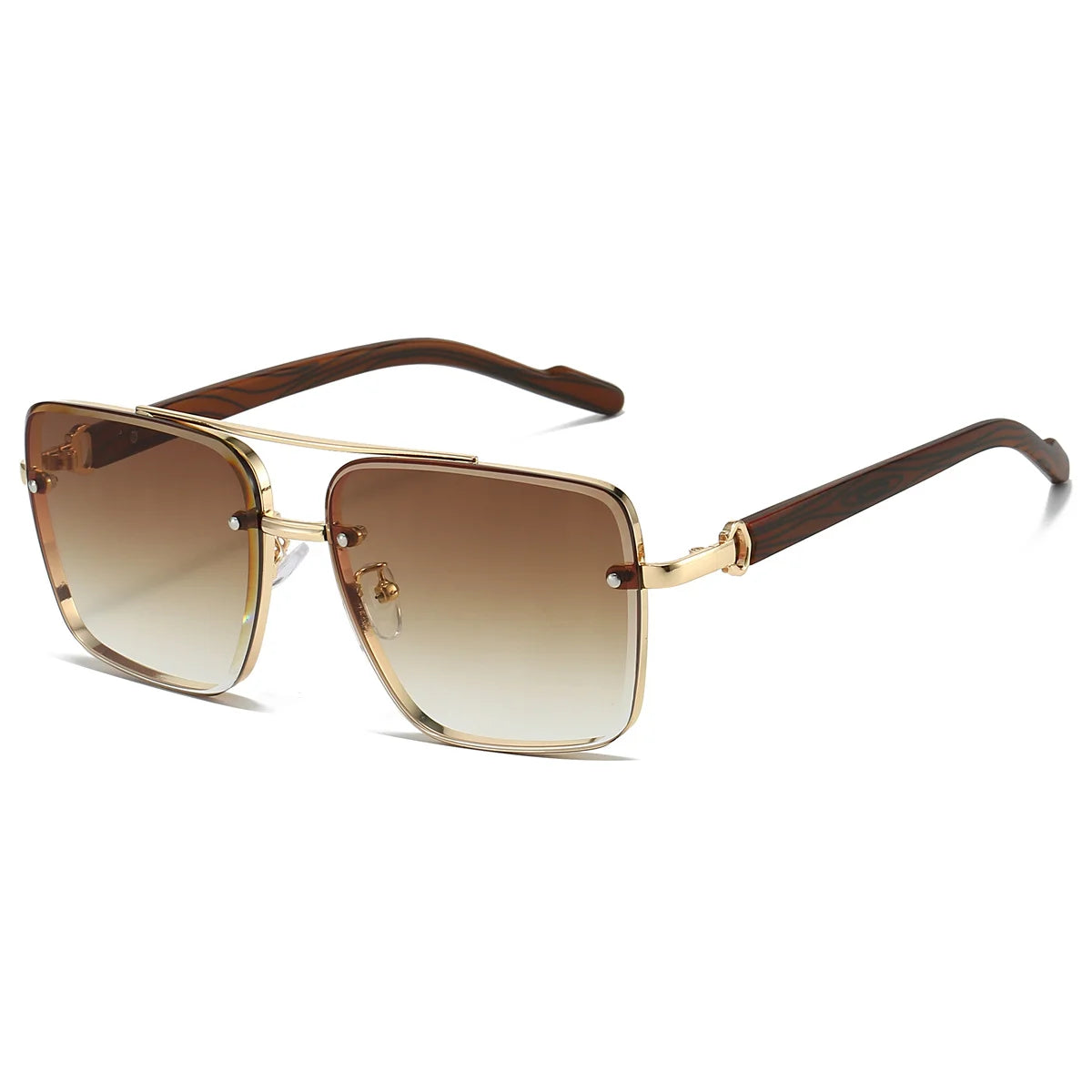 Retro square metal sunglasses with double bridge, wood temples, and gradient brown lenses.