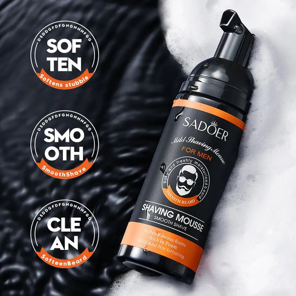 Sadoer shaving mousse bottle on a dark textured background highlighting soften, smooth, and clean product features