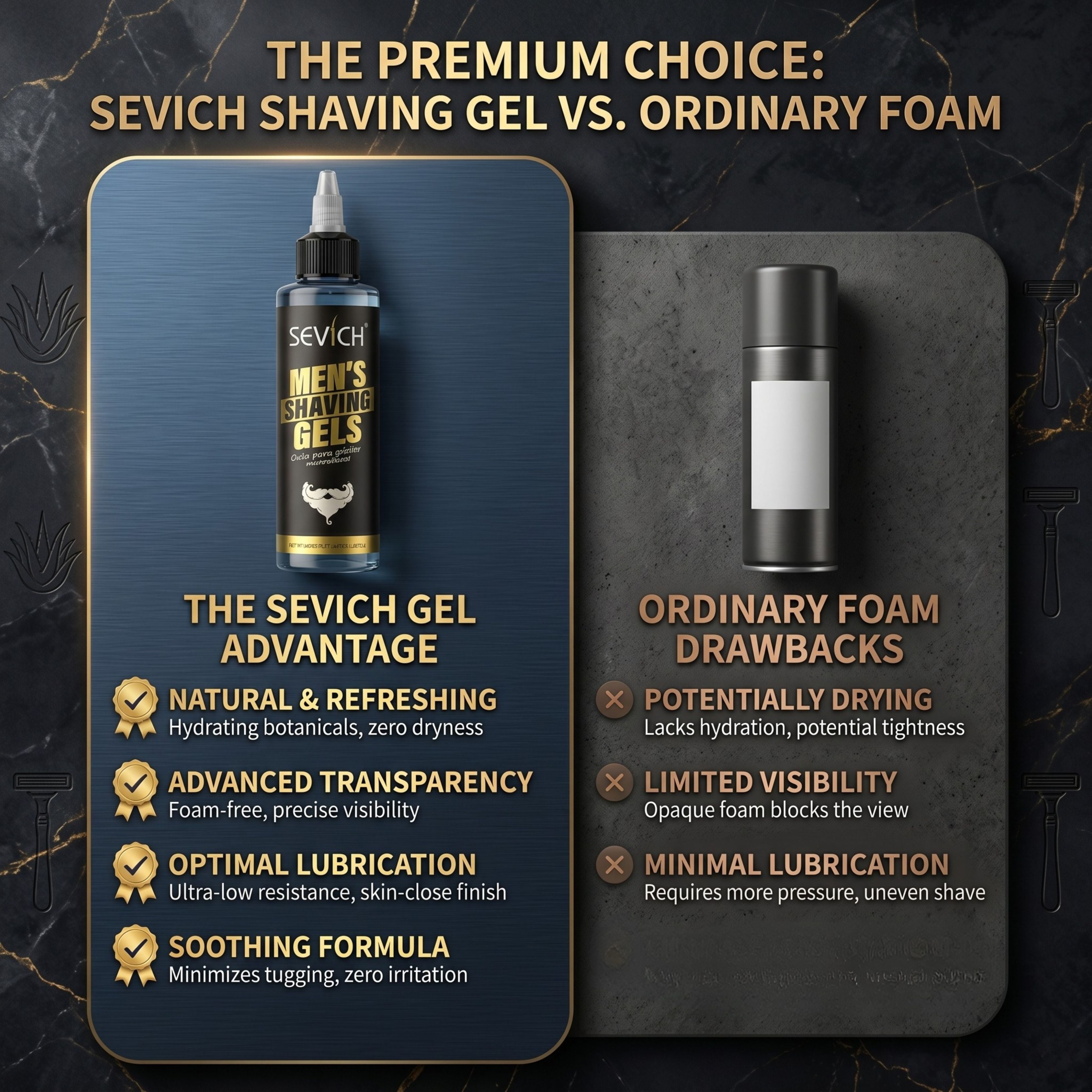 Comparison chart showing the benefits of Sevich transparent shaving gel versus traditional shaving foam