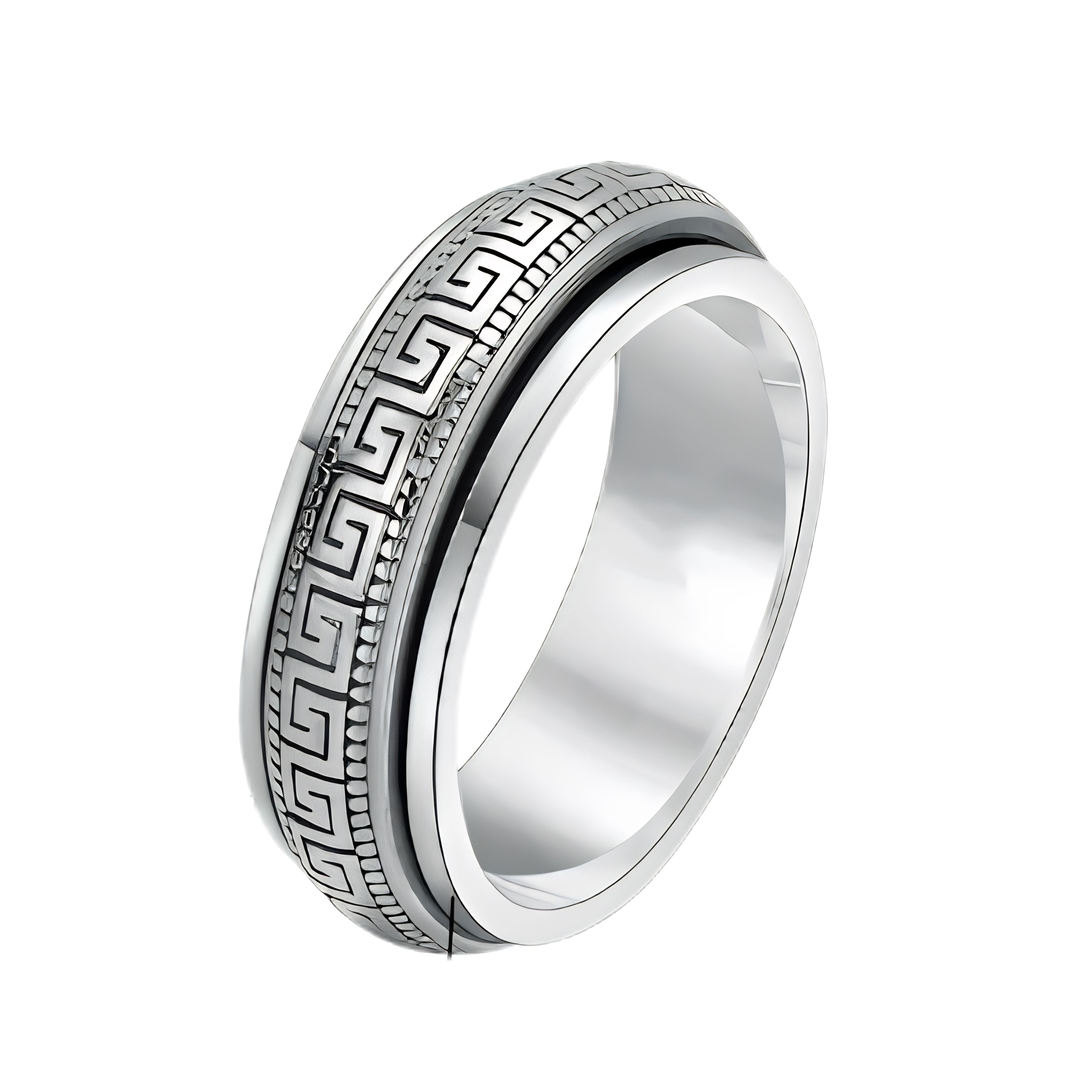 Silver spinner ring featuring a continuous vintage geometric Greek key pattern.
