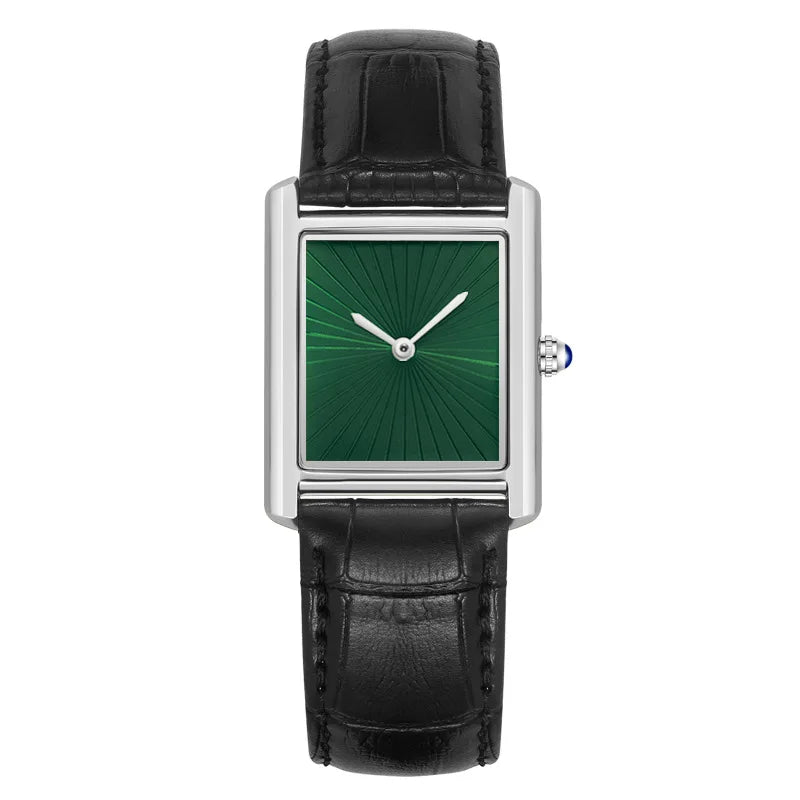 ZBJP quartz wrist watch showcasing a silver alloy square case, forest green sunray dial, and black fashion leather strap