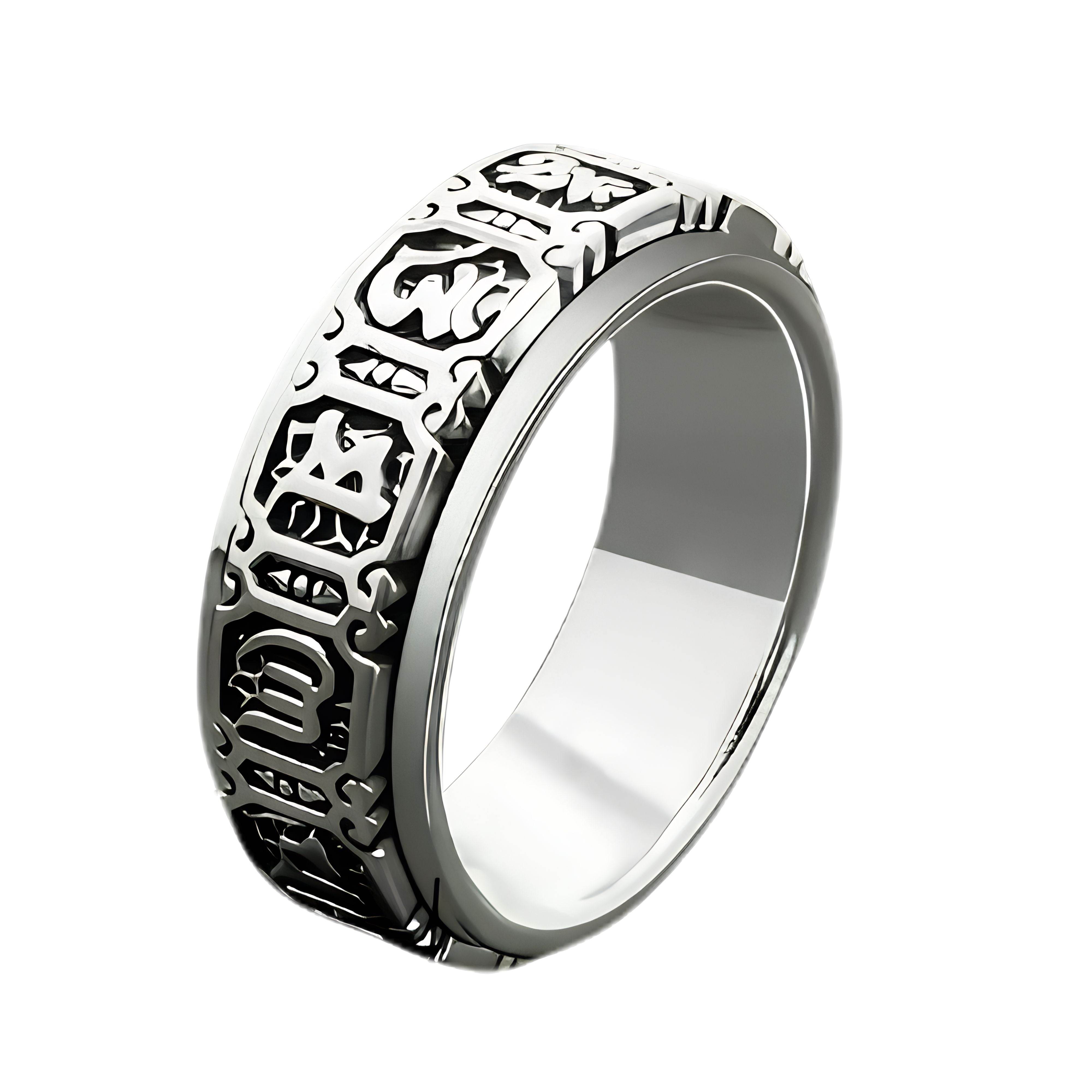 Oxidized silver Tibetan Buddhist ring deeply engraved with the traditional six-character mantra.
