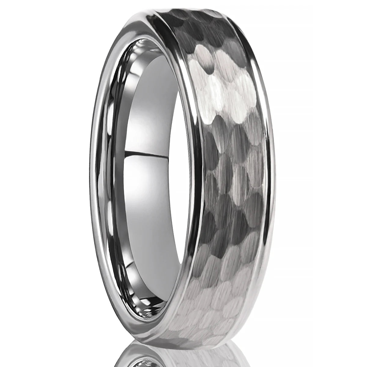 Tungsten carbide fashion ring with a multifaceted grey silver hammered exterior profile and a high-polish silver inner core
