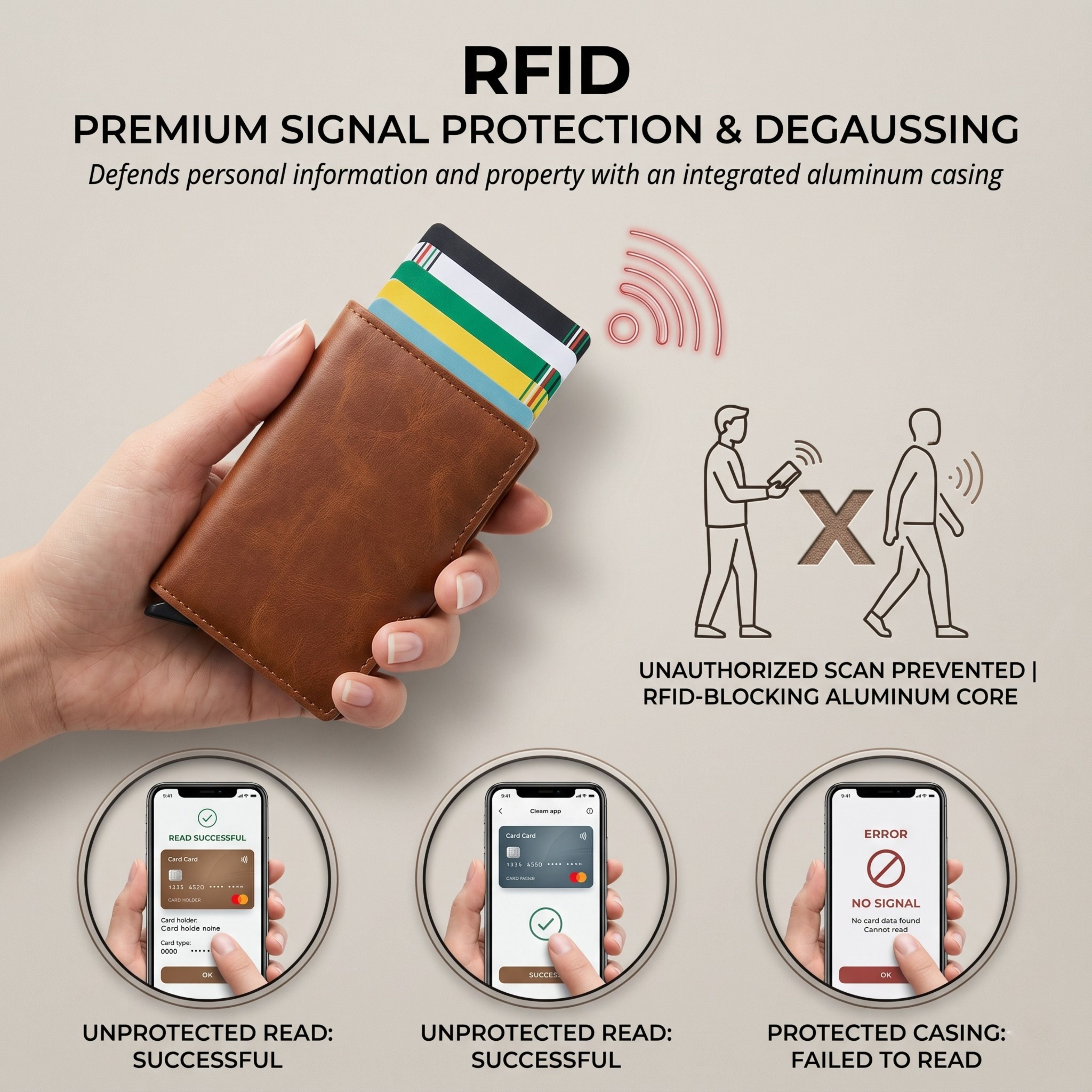 An explanatory graphic demonstrating RFID Premium Signal Protection & Degaussing, showing how the wallet blocks digital pickpocketing scanners