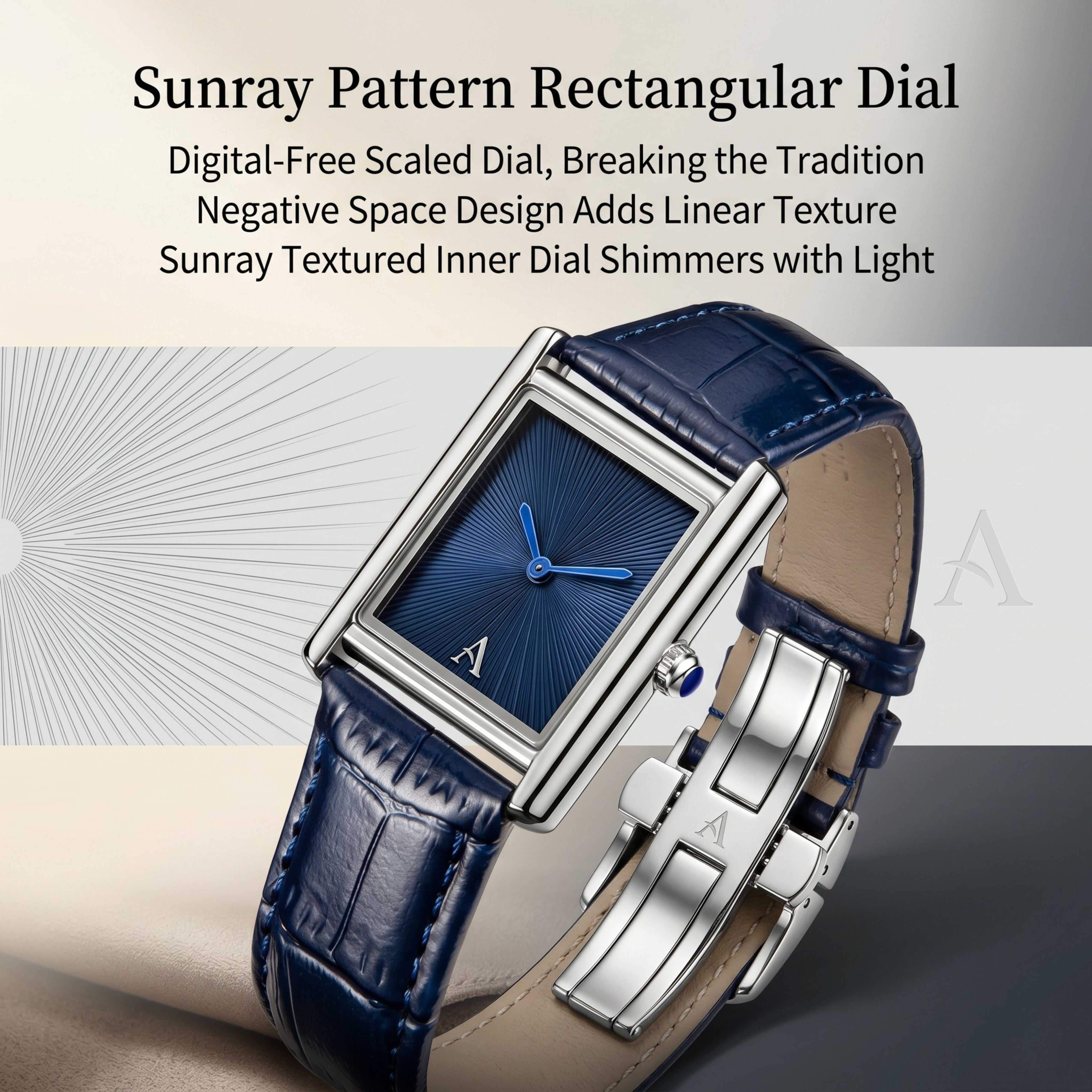 E-commerce banner displaying a silver rectangular watch with a dark blue sunray dial and blue alligator leather strap