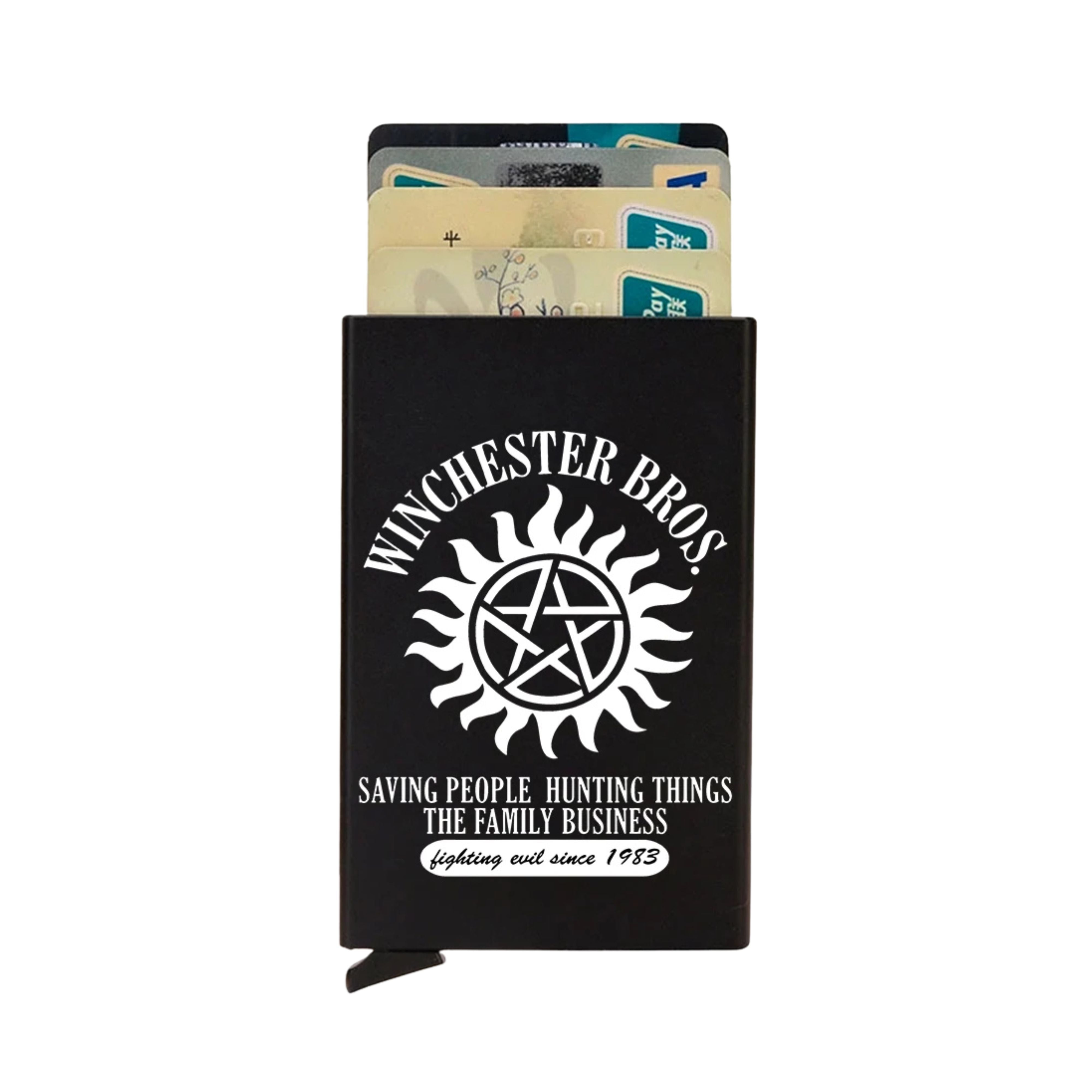 ZeAiLi aluminum pop-up wallet showing the anti-possession pentagram symbol and the quote Saving People Hunting Things The Family Business
