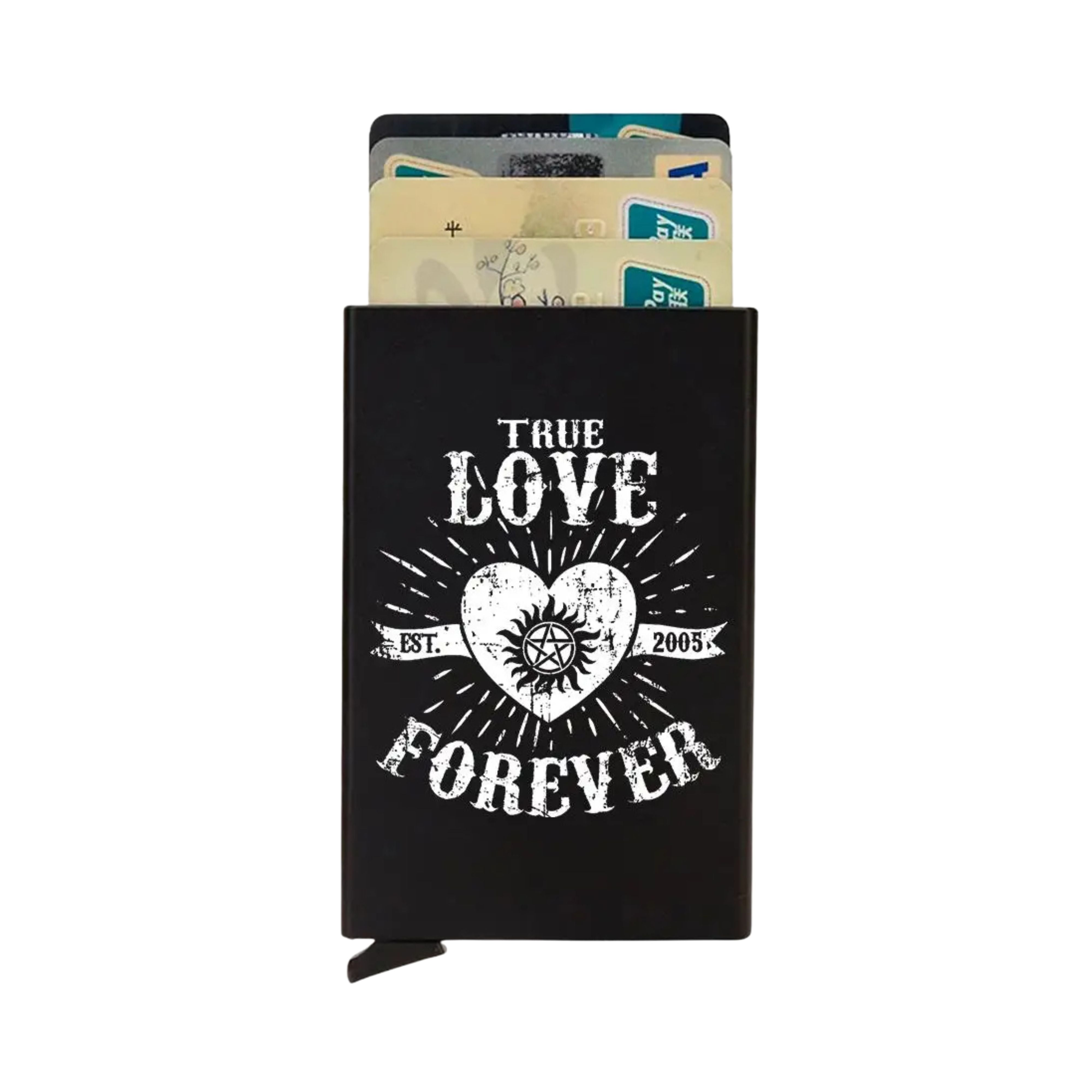 ZeAiLi smart wallet printed with the iconic quote True Love Forever and Driver Picks the Music design on a matte black background