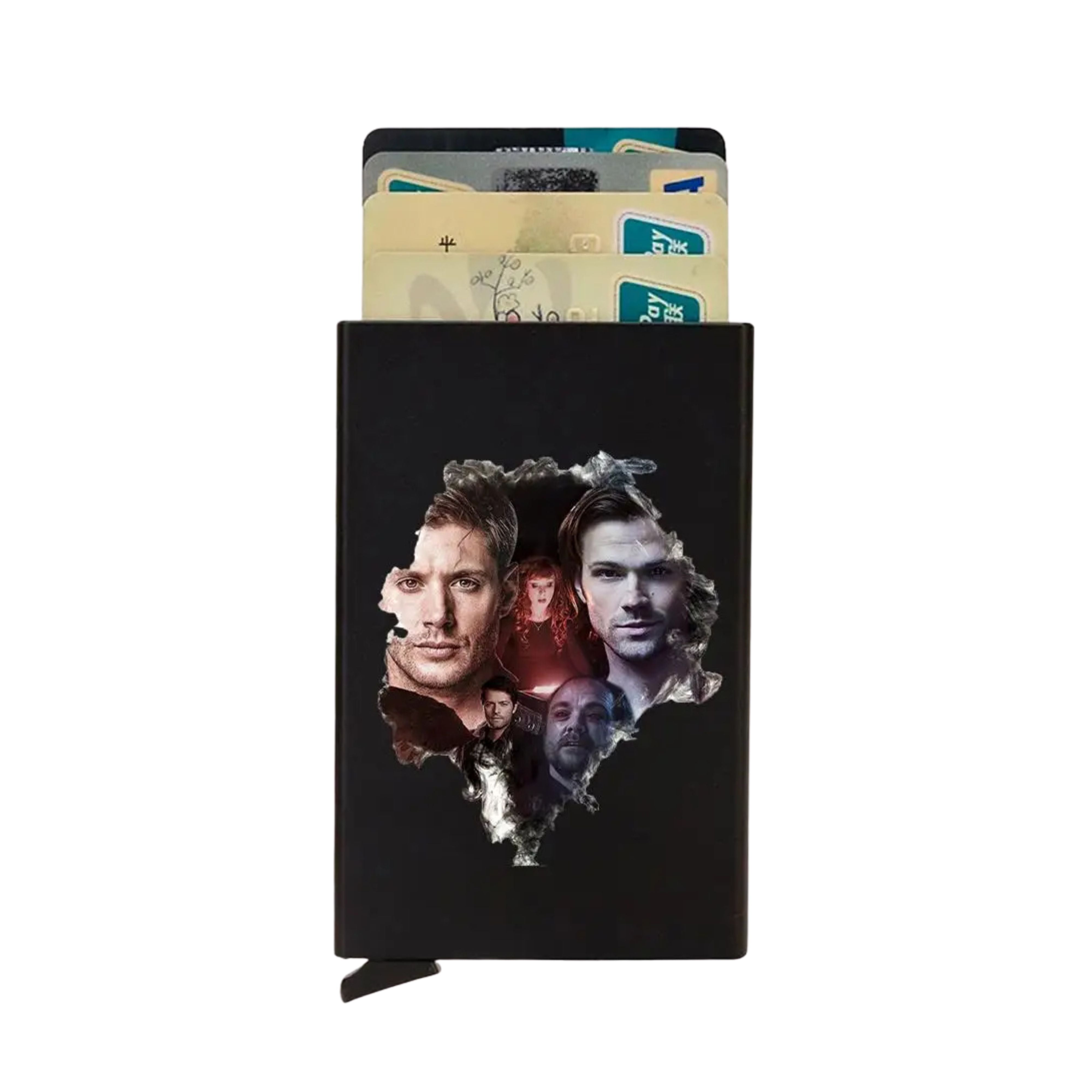 ZeAiLi smart metallic wallet featuring a custom graphic collage print of Sam, Dean, and Castiel from the Supernatural TV series