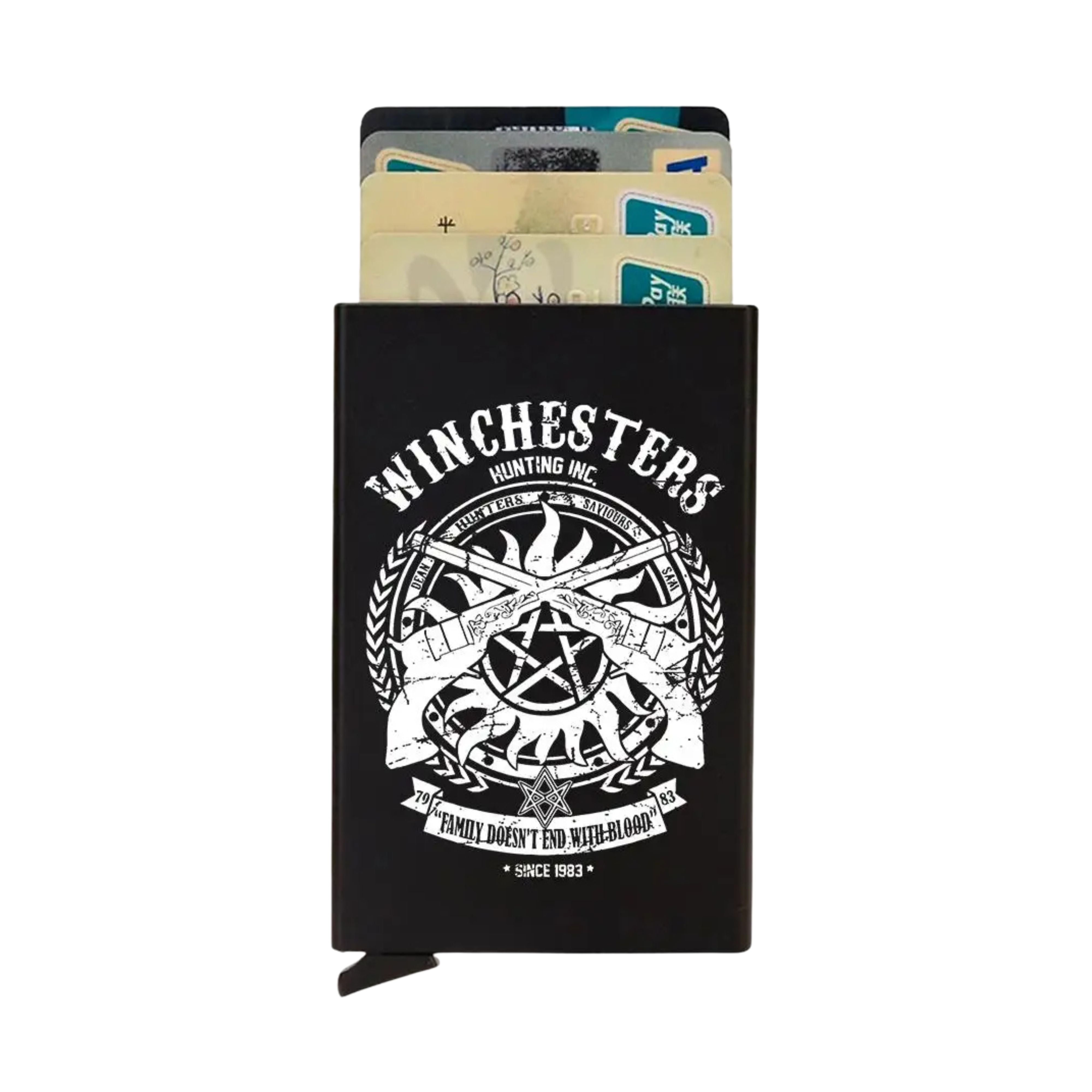 ZeAiLi compact card holder printed with a detailed white Winchester graphic crest incorporating show symbols