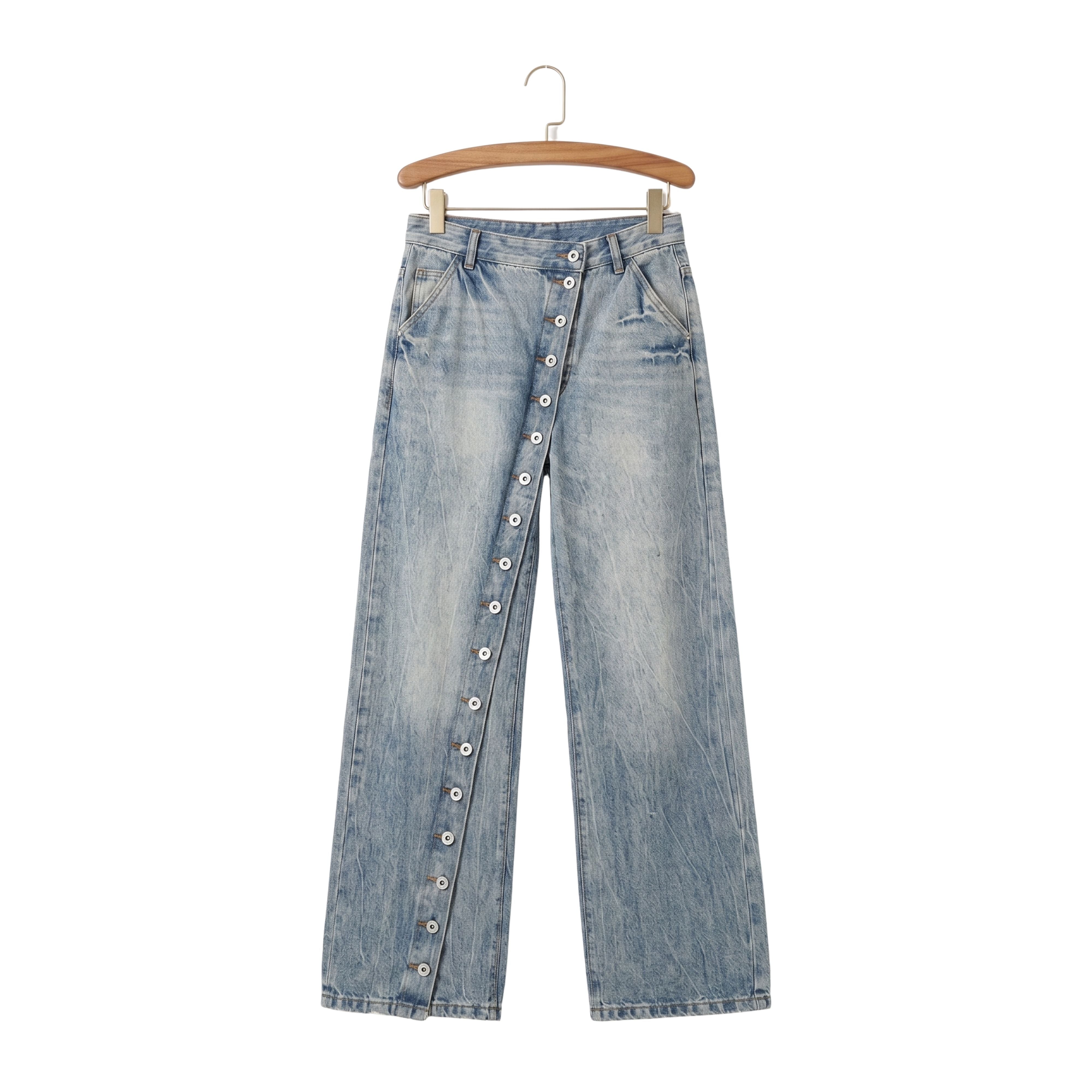 Medium blue wide-leg jeans showcasing a unique asymmetrical multi-button fly closure and vintage wash fading