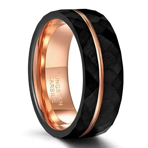 Tigrade tungsten carbide wedding band for men and women featuring a black hammered faceted exterior, an offset rose gold groove stripe, and a polished rose gold interior