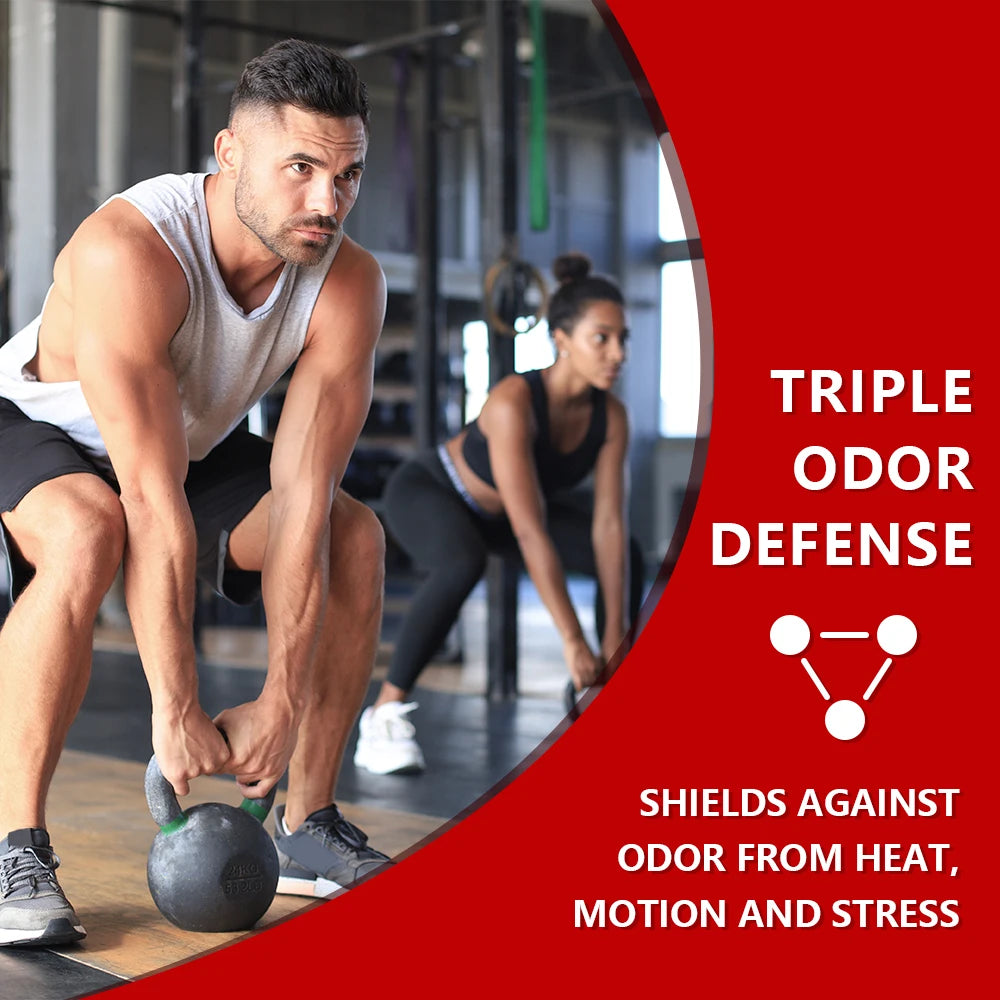 A man and woman working out with weights next to a triple odor defense badge that shields against heat, motion, and stress