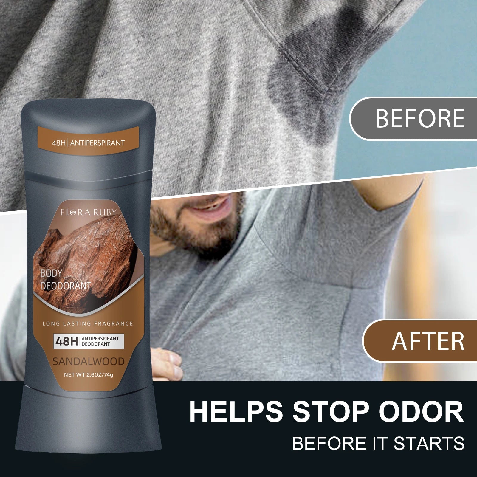Before and after comparison of a man's grey t-shirt showing sweat stains versus clean, dry fabric with the text helps stop odor