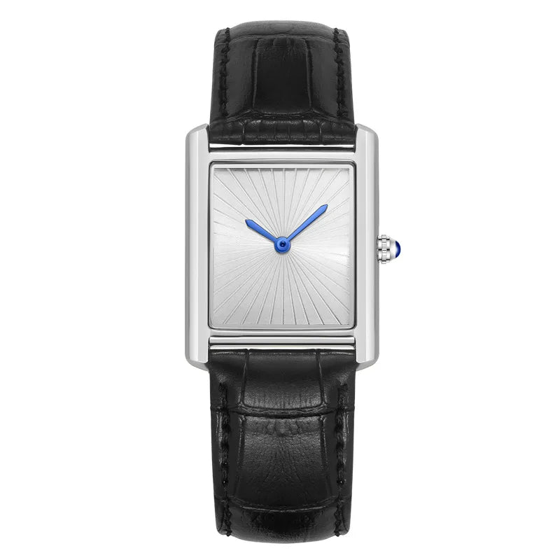 ZBJP unisex square wristwatch featuring a silver case, white sunray textured dial with blue hands, and a black alligator-texture leather strap