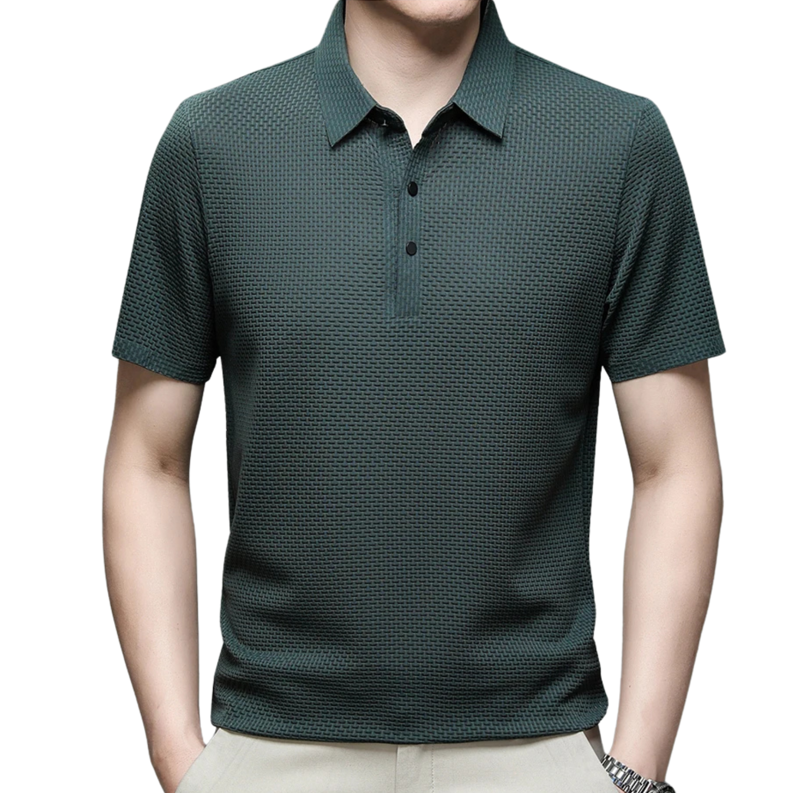 Men wearing green polo shirt front – The Crew