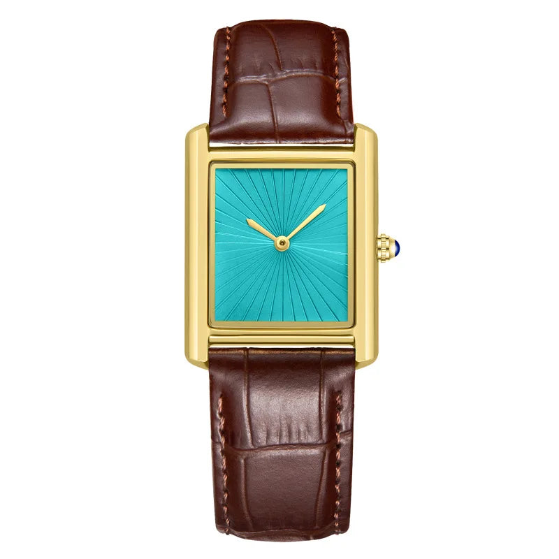 ZBJP classic square watch with a gold-plated case, vibrant turquoise sunburst dial, and brown textured leather strap