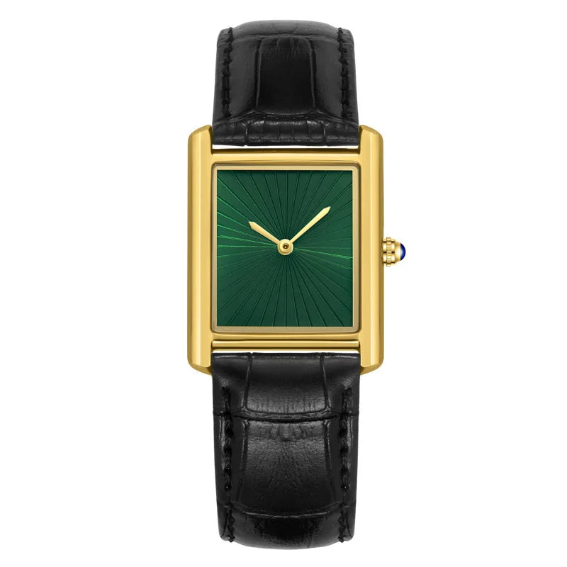 ZBJP vintage dress watch featuring a rectangular gold case, emerald green sunburst dial, and black leather band